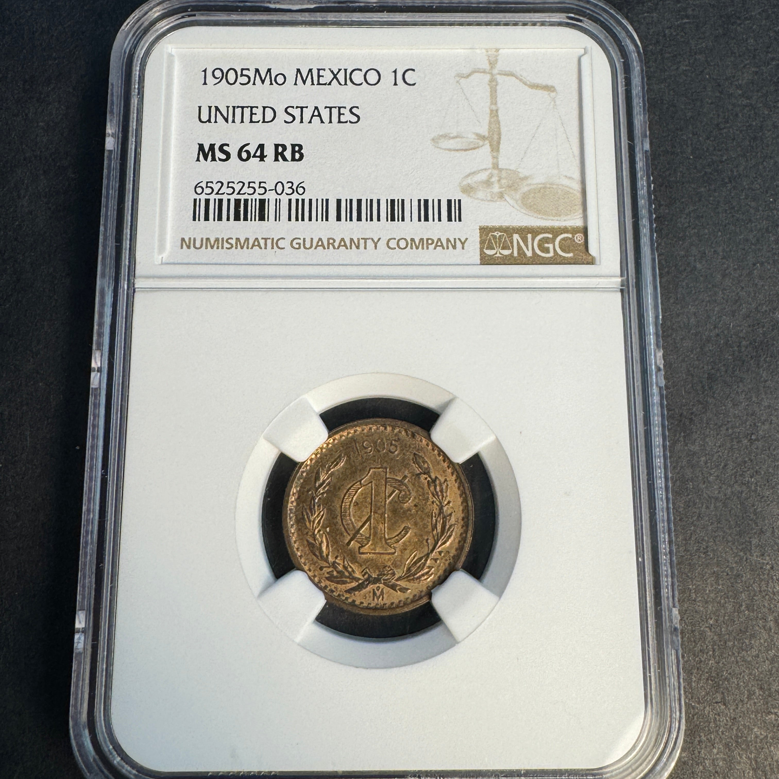 1905-Mo Mexico 1 Centavo, 3rd Republic, NGC MS-64 RB Red-Brown 🇲🇽