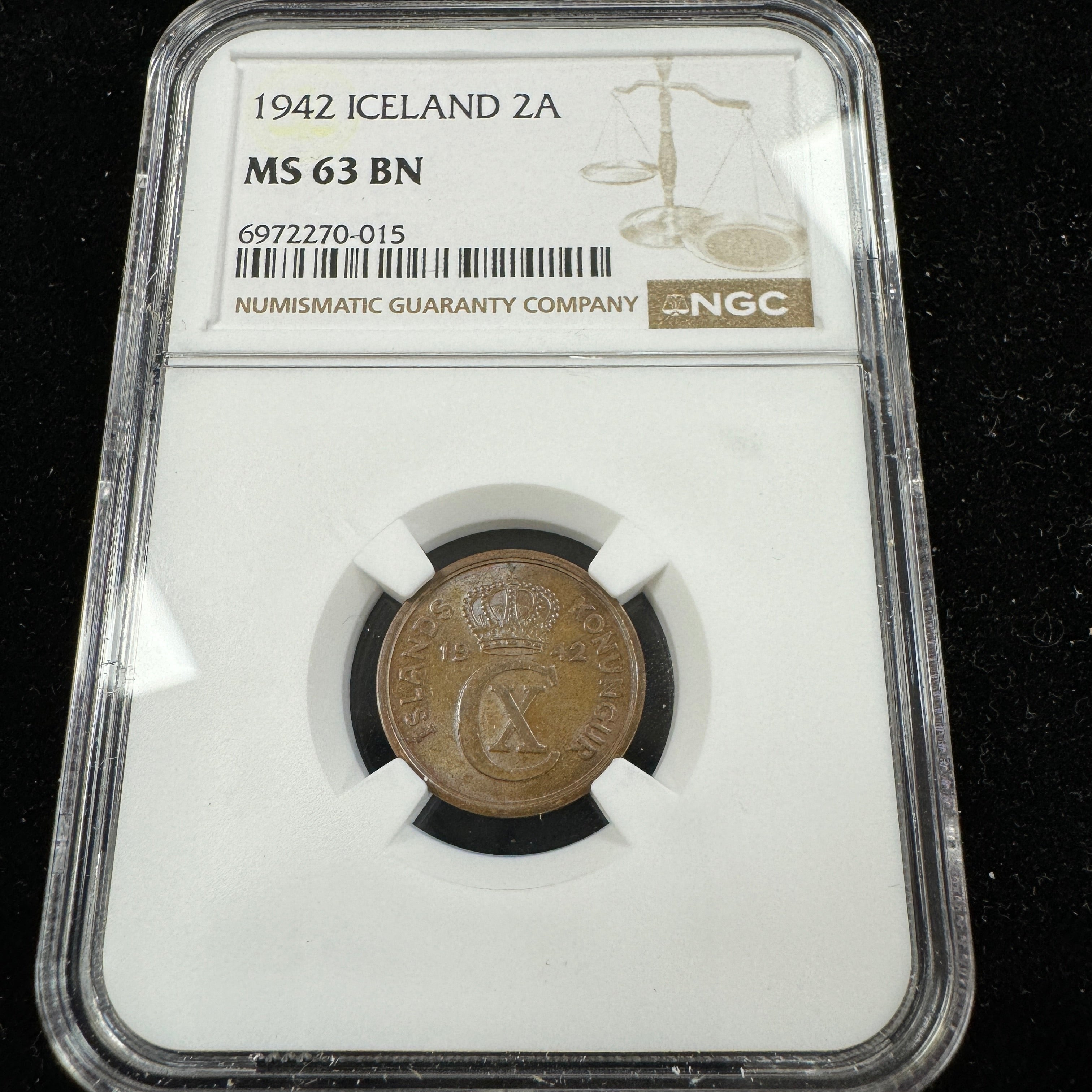1942 Iceland 2 Aurar, NGC MS-63 BN