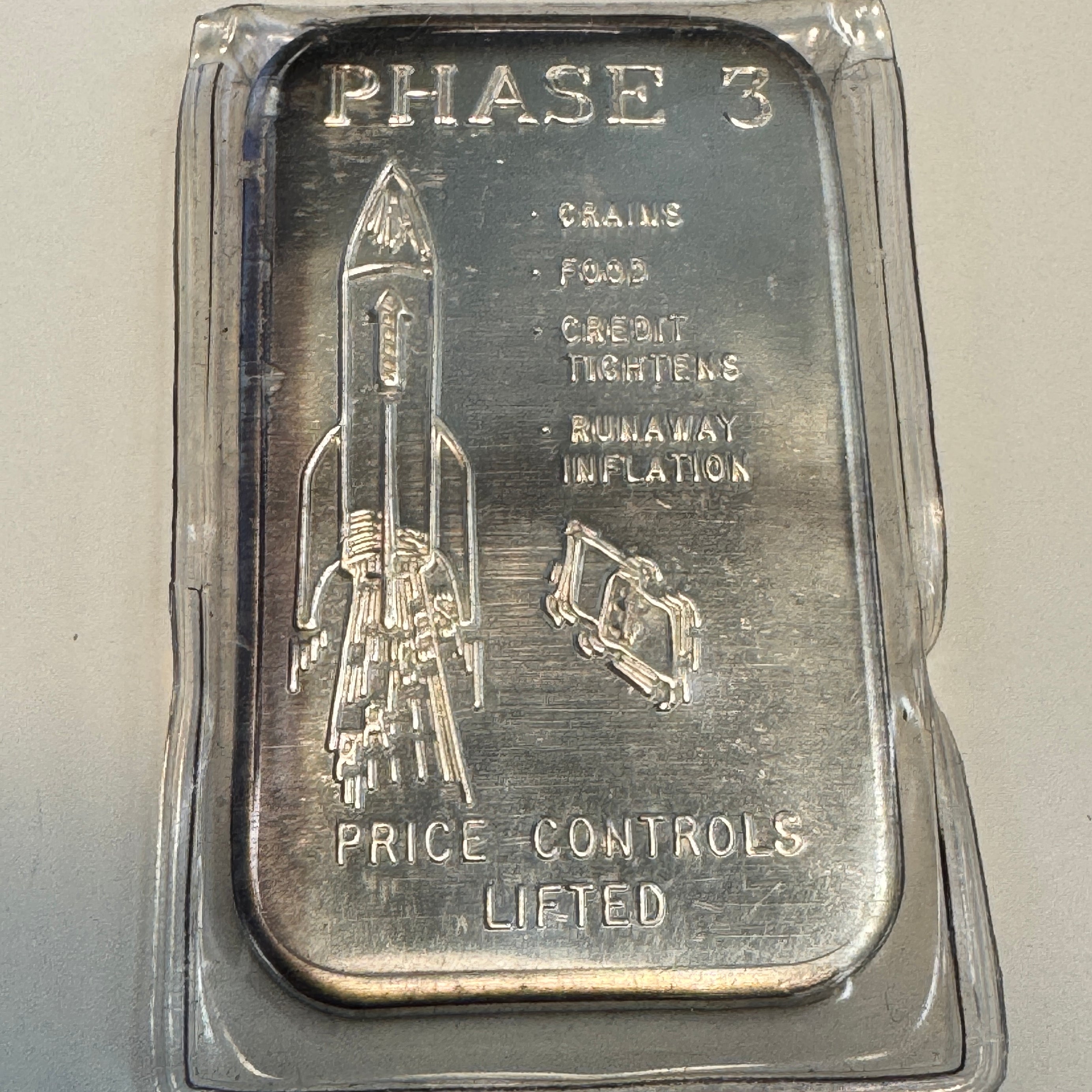 “PHASE 3 Price Controls Lifted” Justice Mint vintage 1970s inflation warning 1oz silver bar