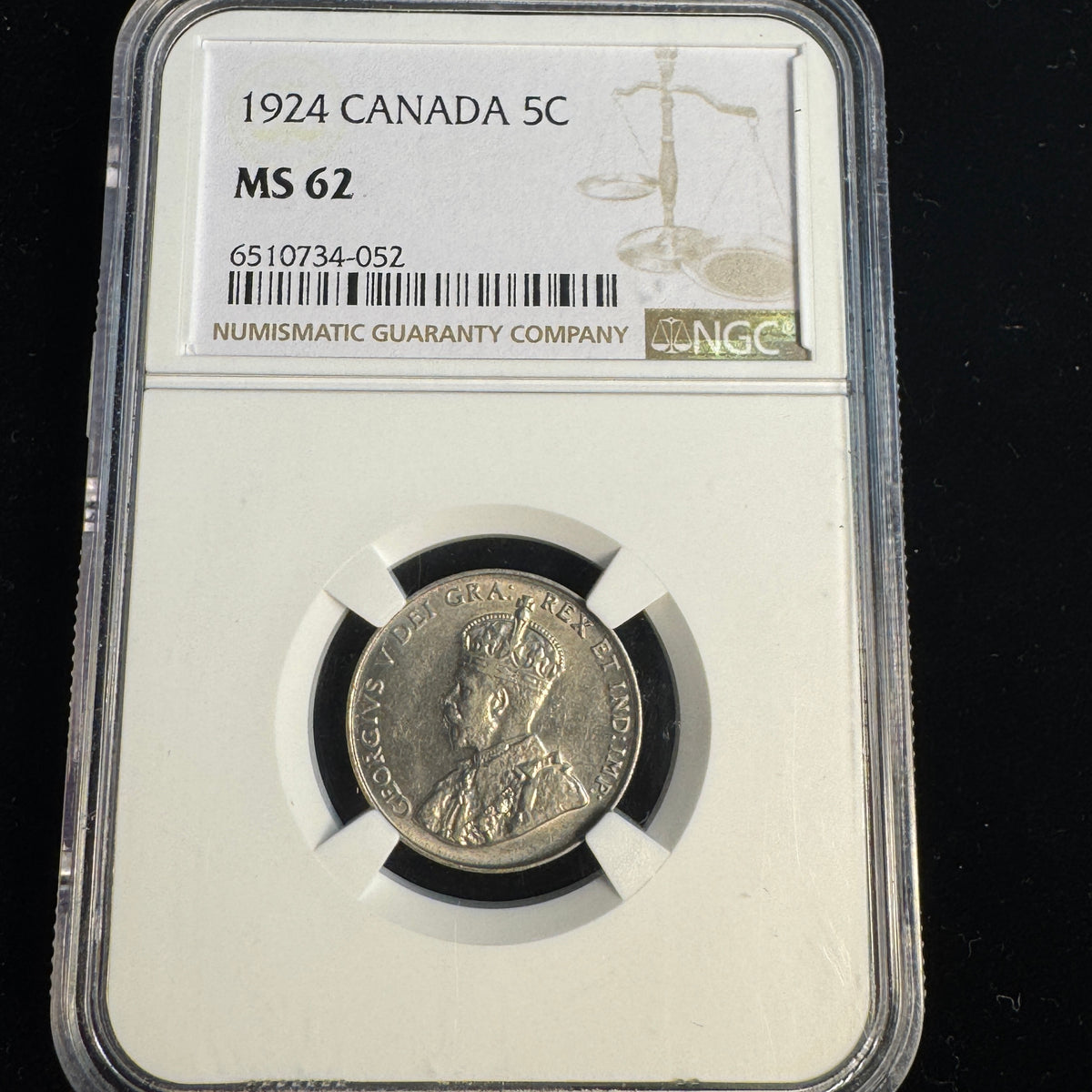 1924 Canada 5 Cents, KGV, NGC MS-62
