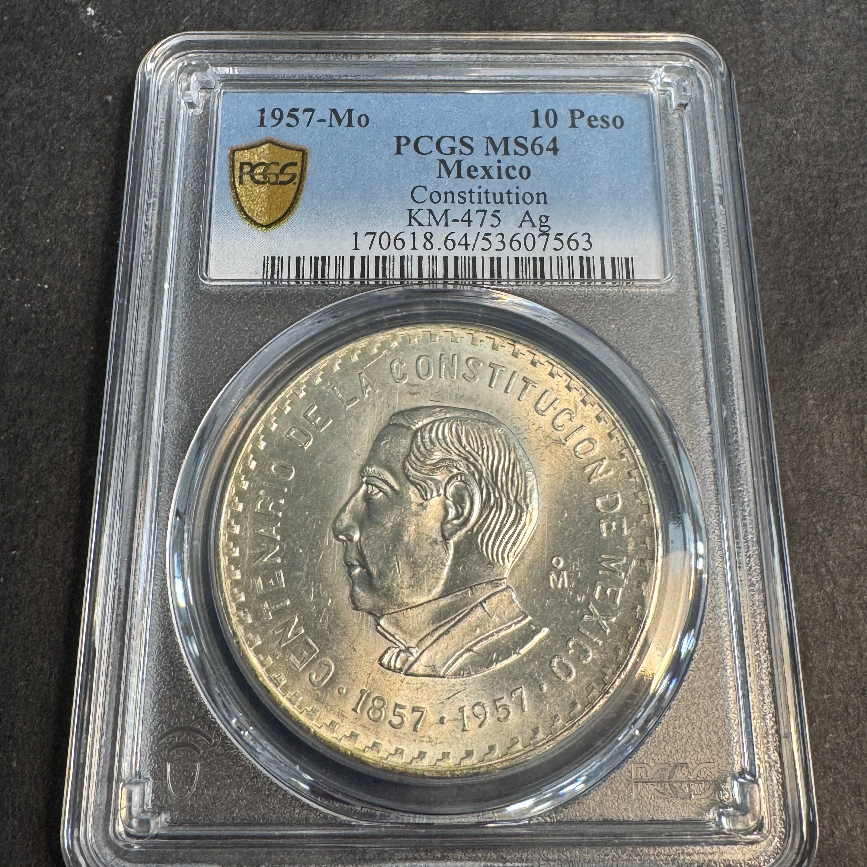 1957-Mo Mexico Constitution Centennial 10 Pesos, PCGS MS-64 🇲🇽