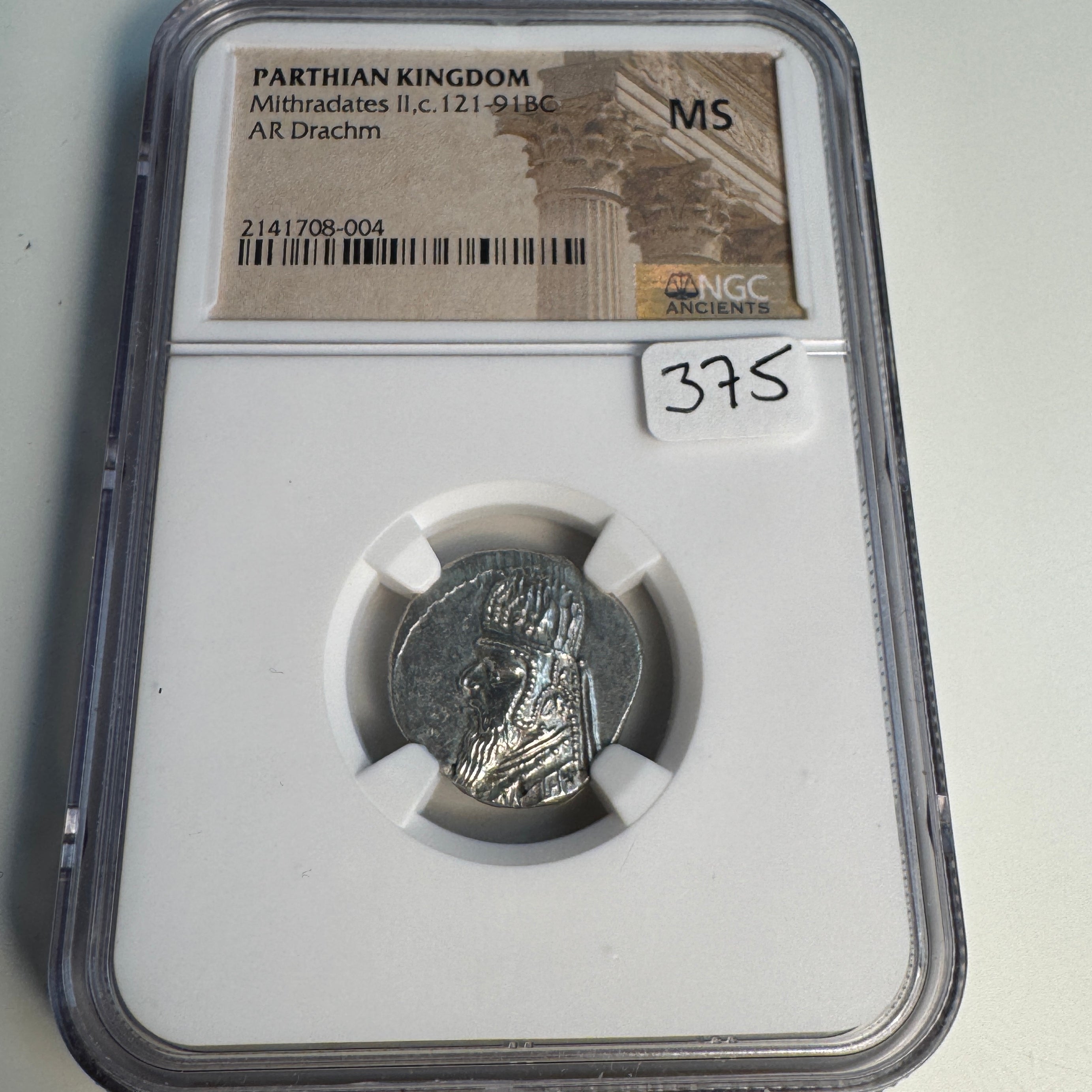 Parthian Empire, Mithradates II (121-91 BC) Silver Drachm, NGC MS