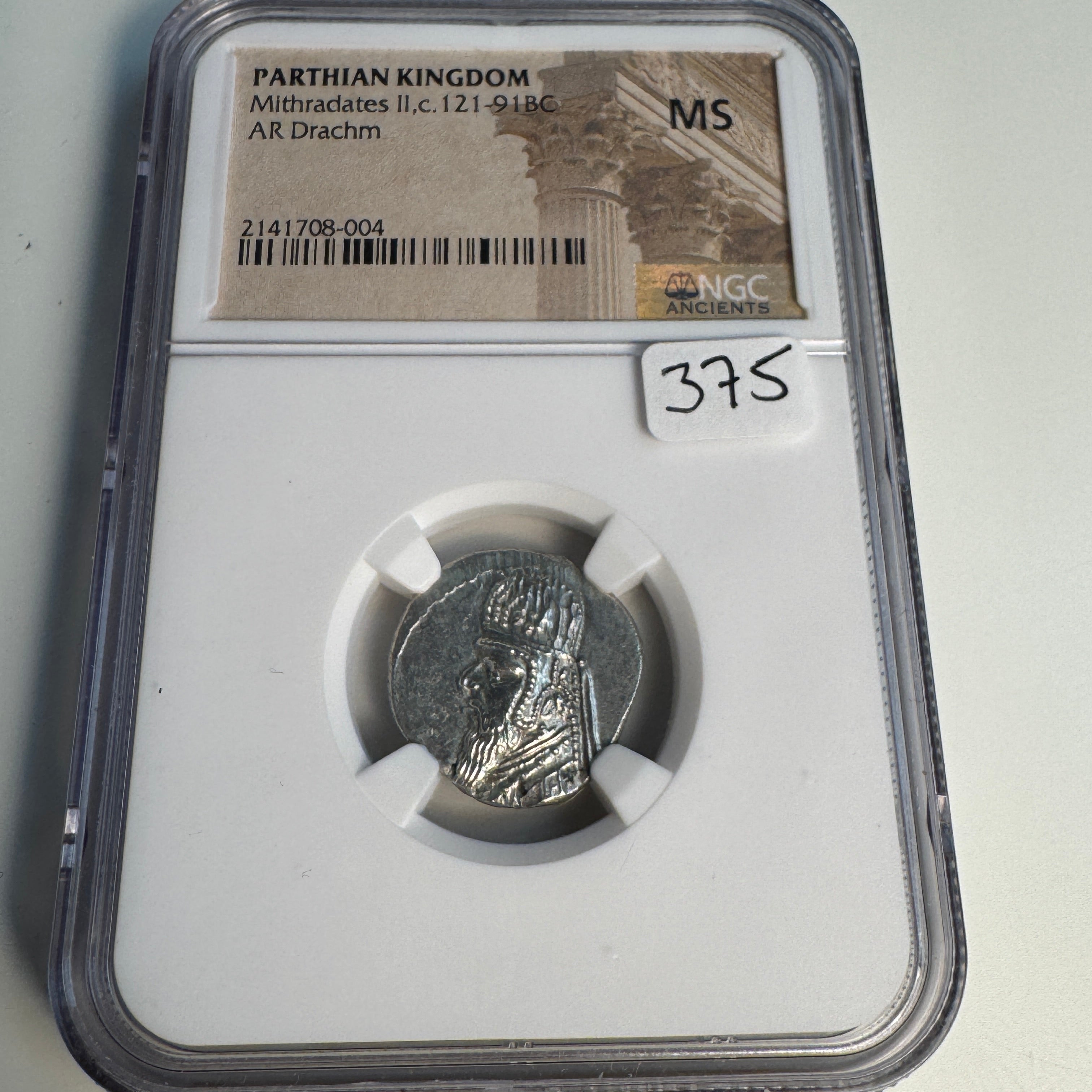 Parthian Empire, Mithradates II (121-91 BC) Silver Drachm, NGC MS