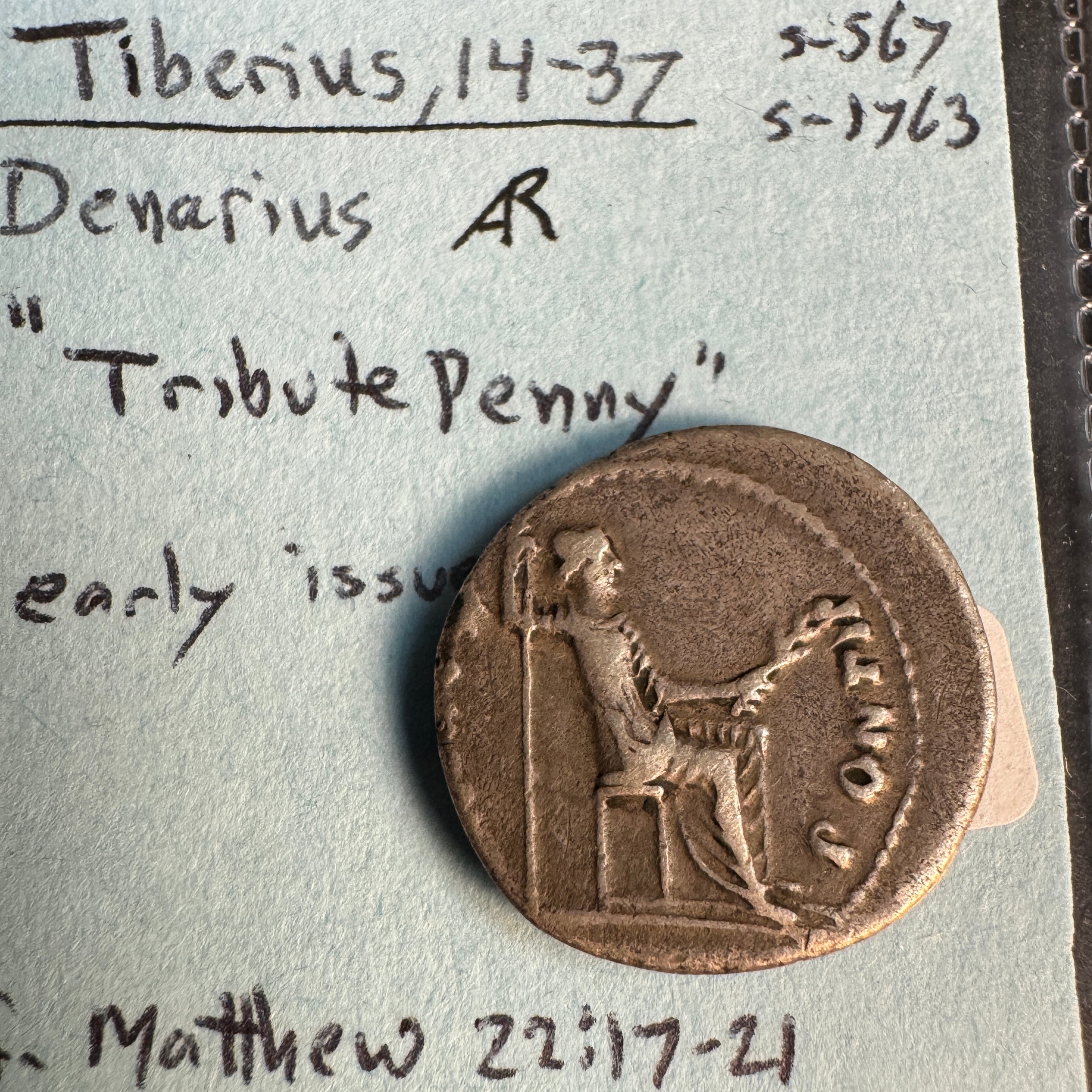Tiberius (14-37 AD) AR Denarius, “Tribute Penny”, Roman Imperial, Rx: PAX seated rt. “Potif Maxim”