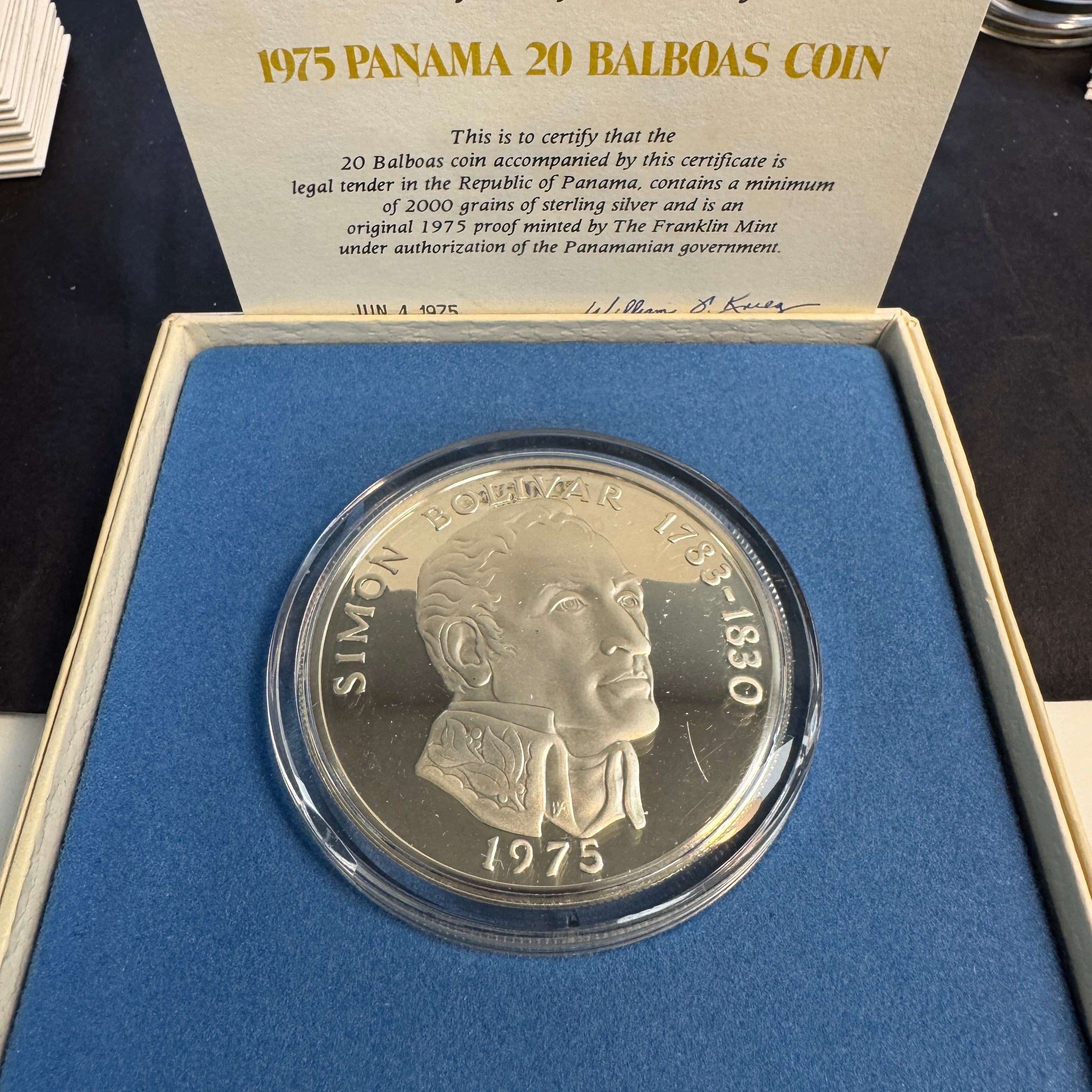 1975 FM Panama Simon Bolivar 20 Balboas Silver Proof, Box & COA, 129.59g Sterling