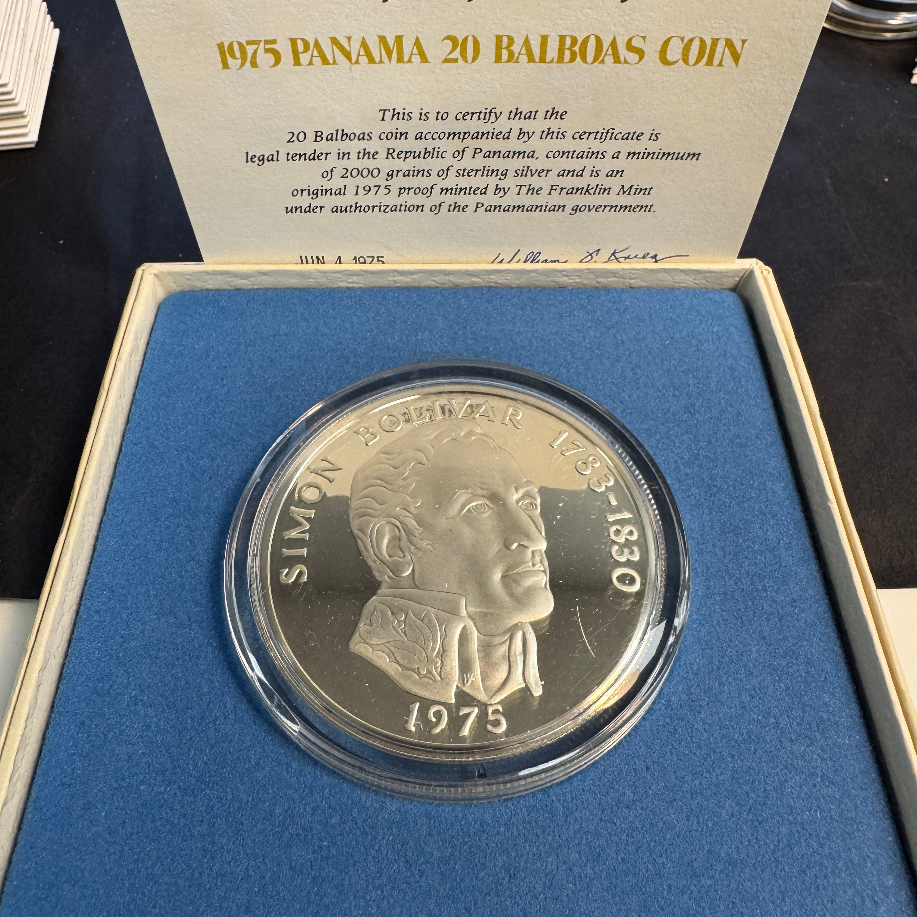 1975 FM Panama Simon Bolivar 20 Balboas Silver Proof, Box & COA, 129.59g Sterling