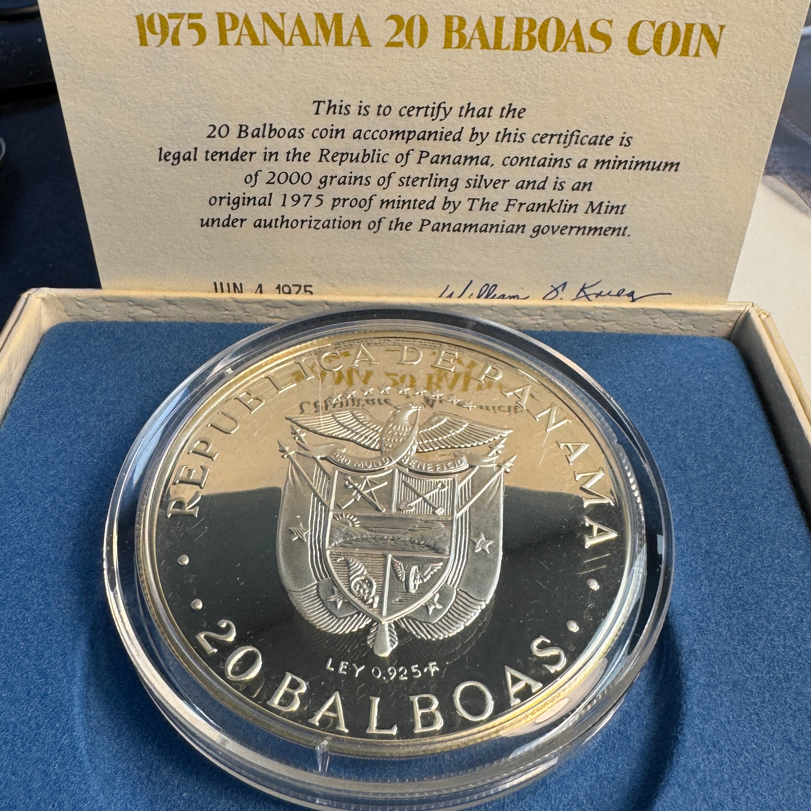 1975 FM Panama Simon Bolivar 20 Balboas Silver Proof, Box & COA, 129.59g Sterling