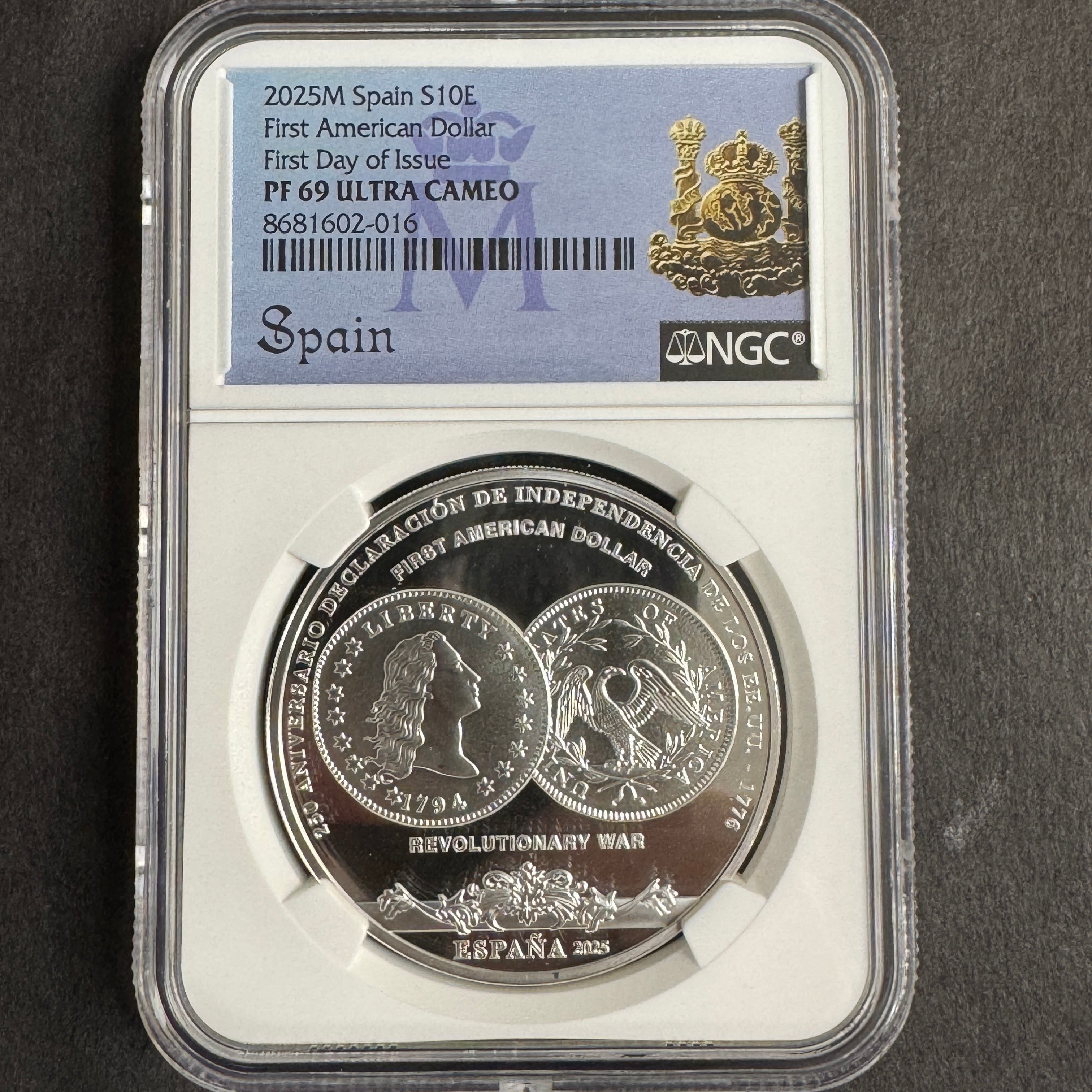 2025-M Spain 10 Euros Silver Proof, First American Dollar Anniv., FDI, NGC PF-69 Ultra Cameo 🇪🇸
