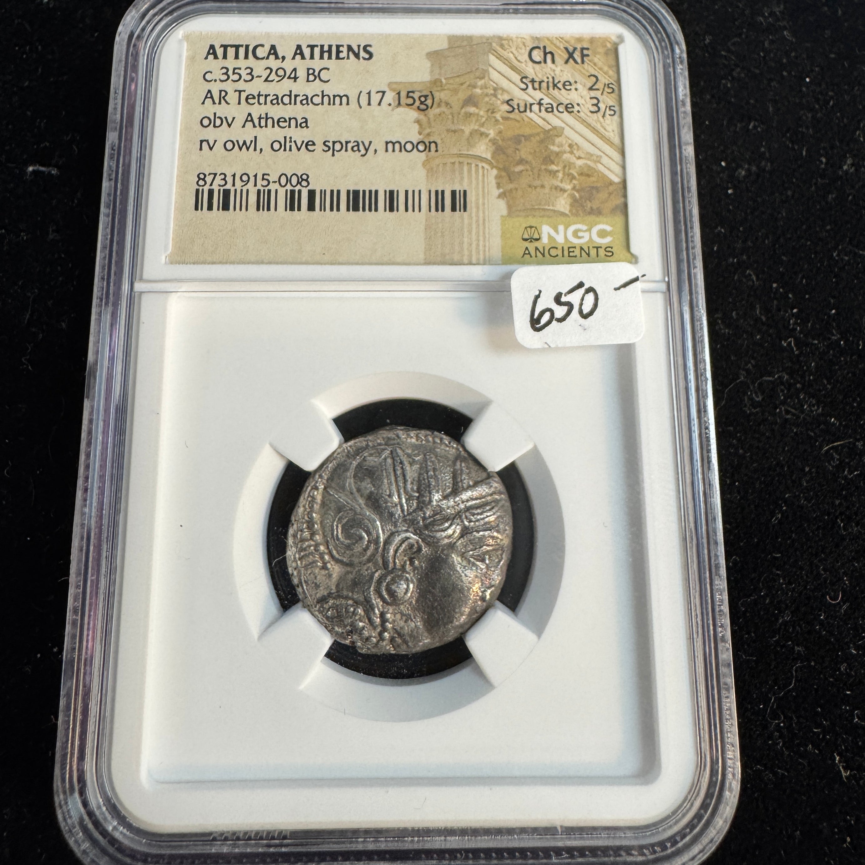 (353-294 BC) Athens AR Tetradrachm, Athena & Owl, NGC Choice XF