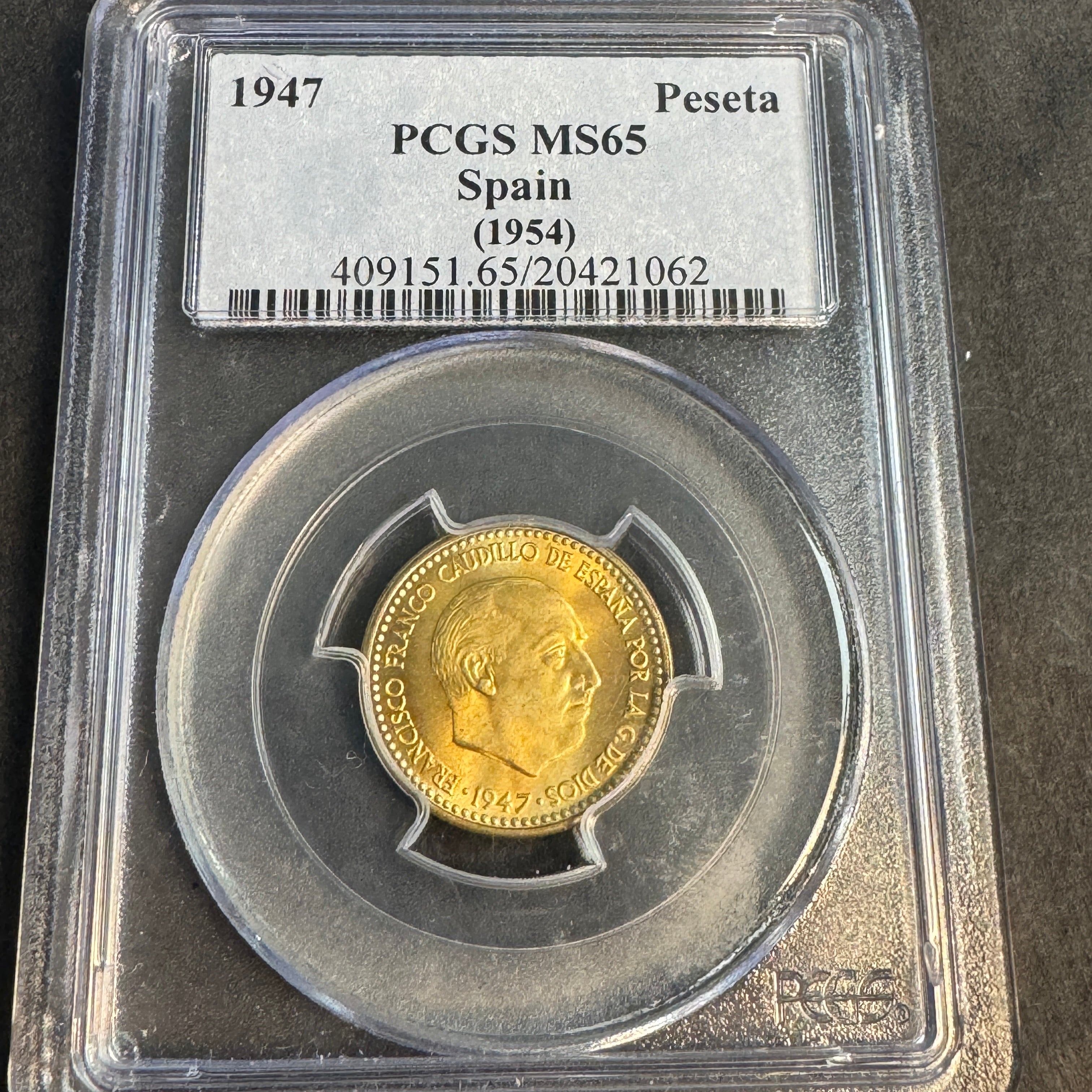 1947 (*1954) Spain 1 Peseta, Franco, KM-775, PCGS MS-65, Pop 16/3 🇪🇸