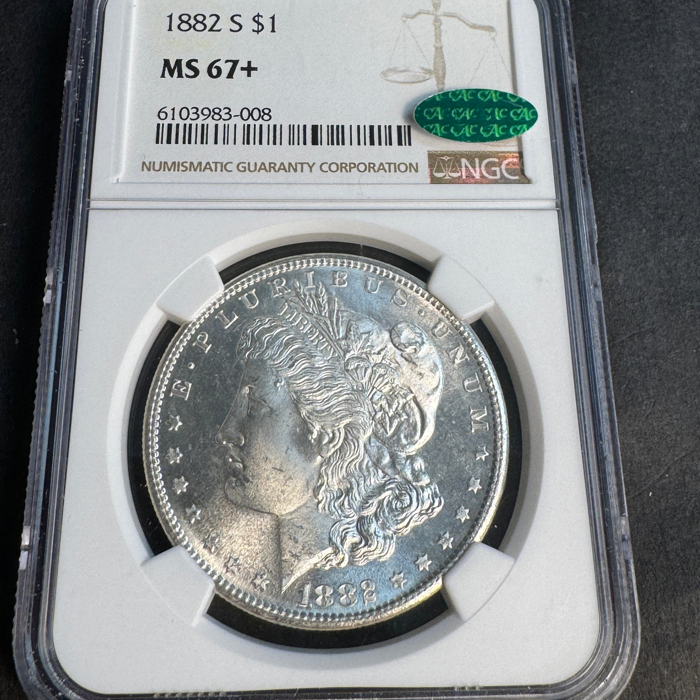 1882-S Morgan Silver Dollar, NGC MS-67+ with Green CAC