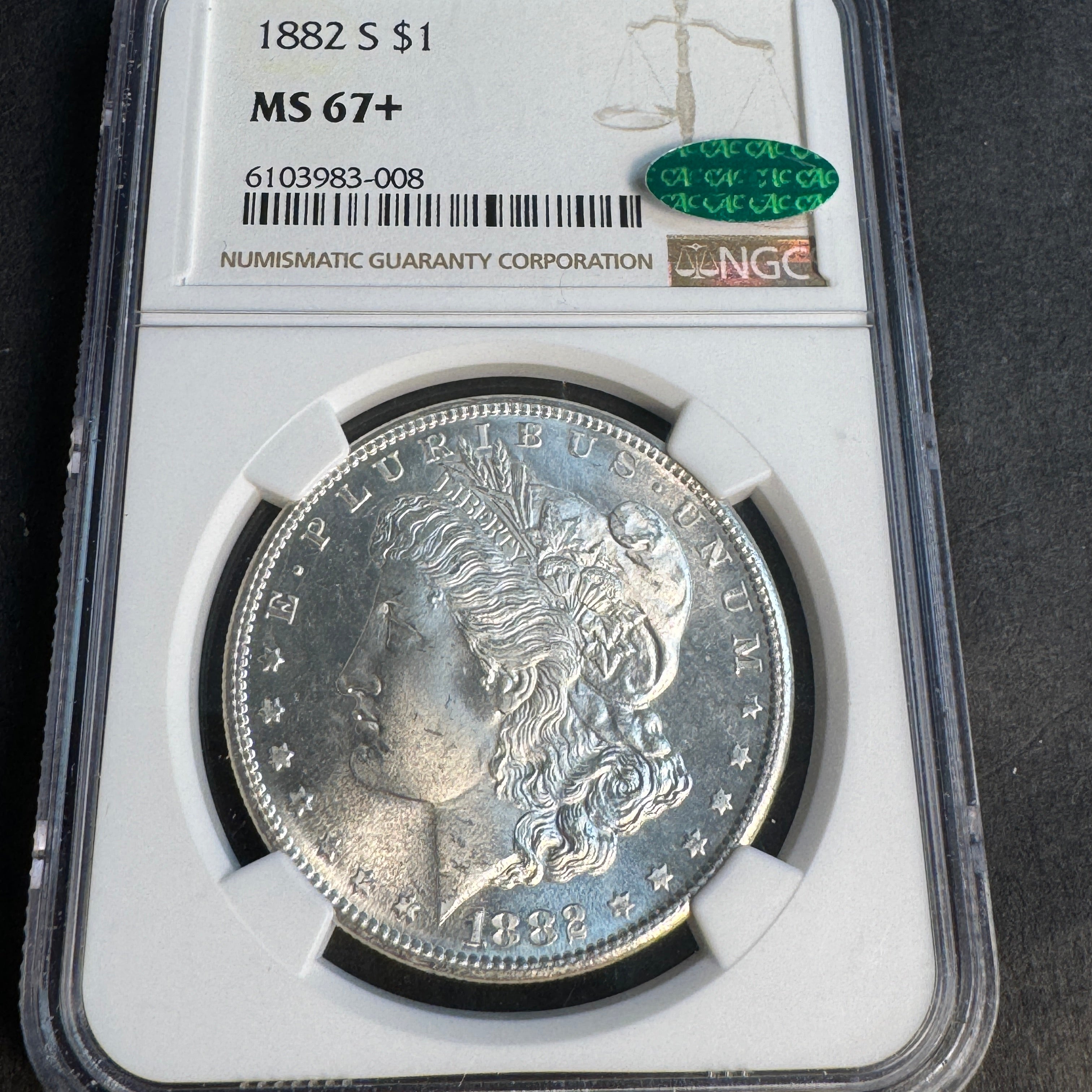 1882-S Morgan Silver Dollar, NGC MS-67+ with Green CAC