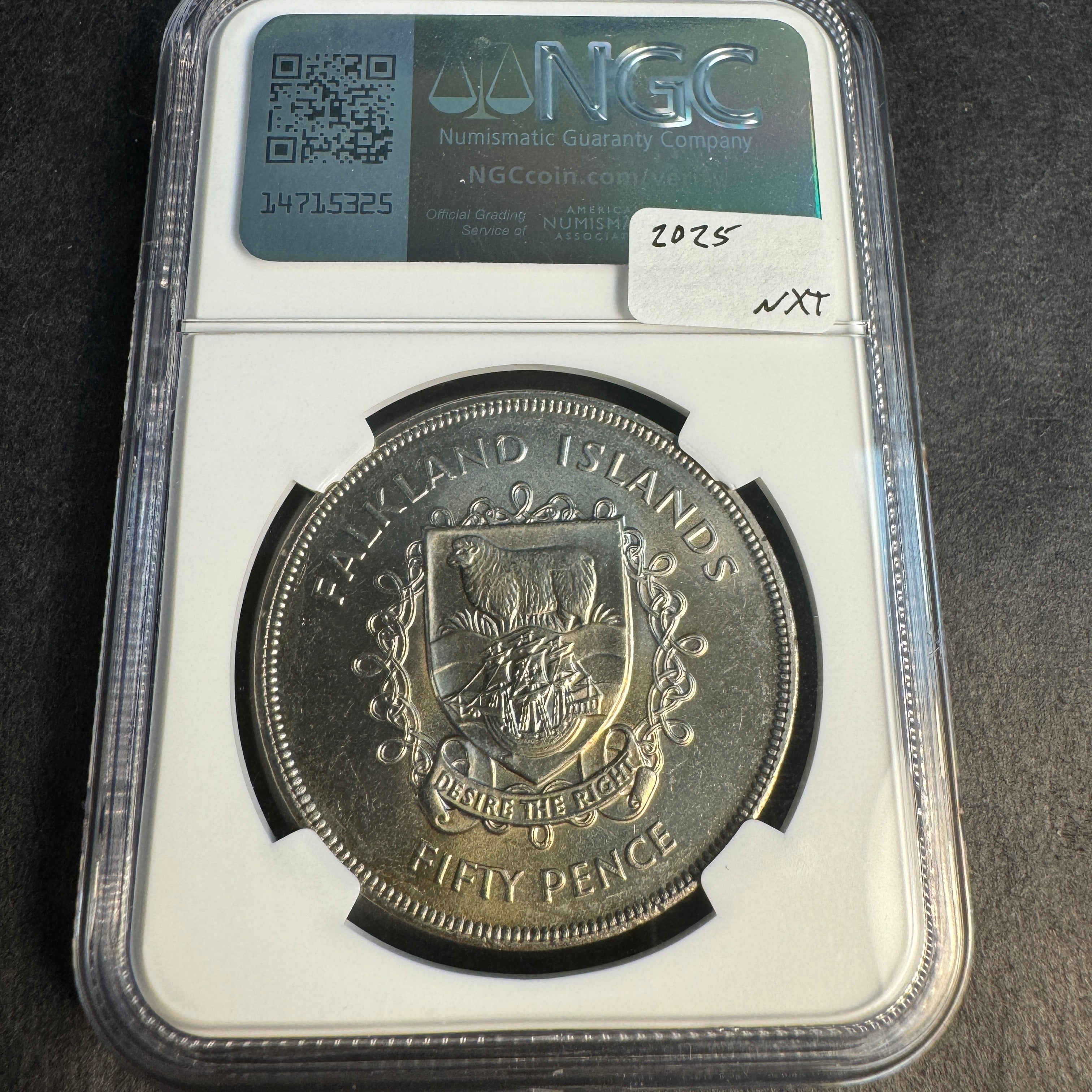 1977 Falkland Islands 50 Pence “Crown Size” QEII Silver Jubilee Year, NGC MS-66 Top Pop 1/0🏆🇫🇰