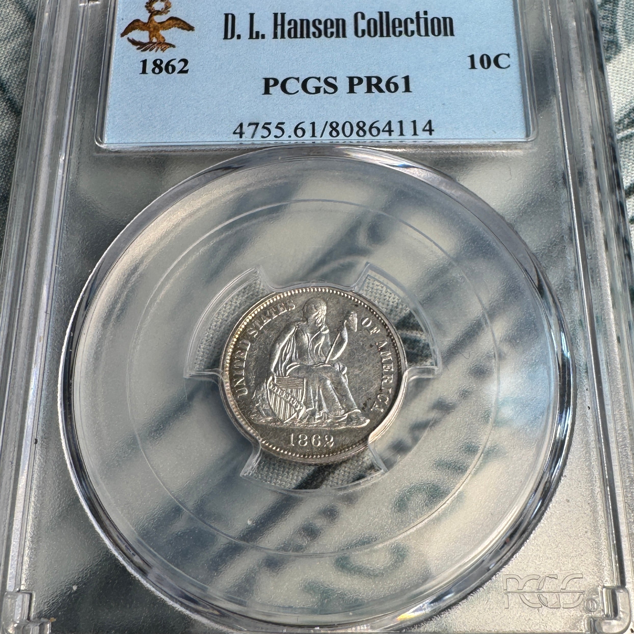 1862 Proof Silver Dime US 10c, PCGS PR-61, D.L. Hansen Collection