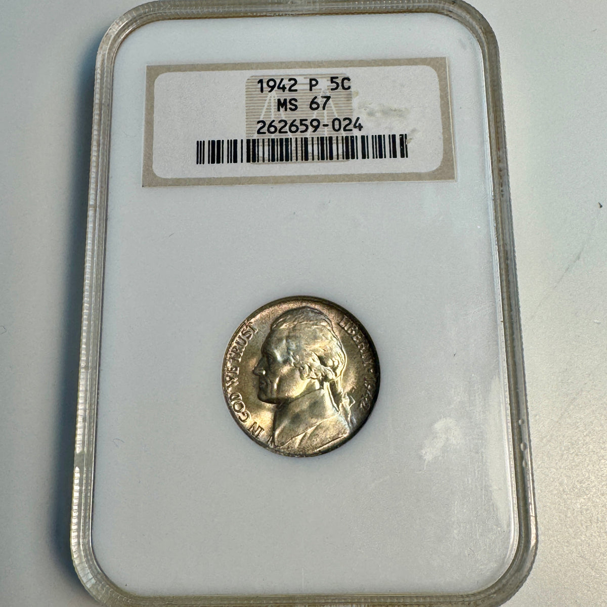 1942-P Jefferson 5c Silver War Nickel, ‘Old Fatty’ NGC MS-67