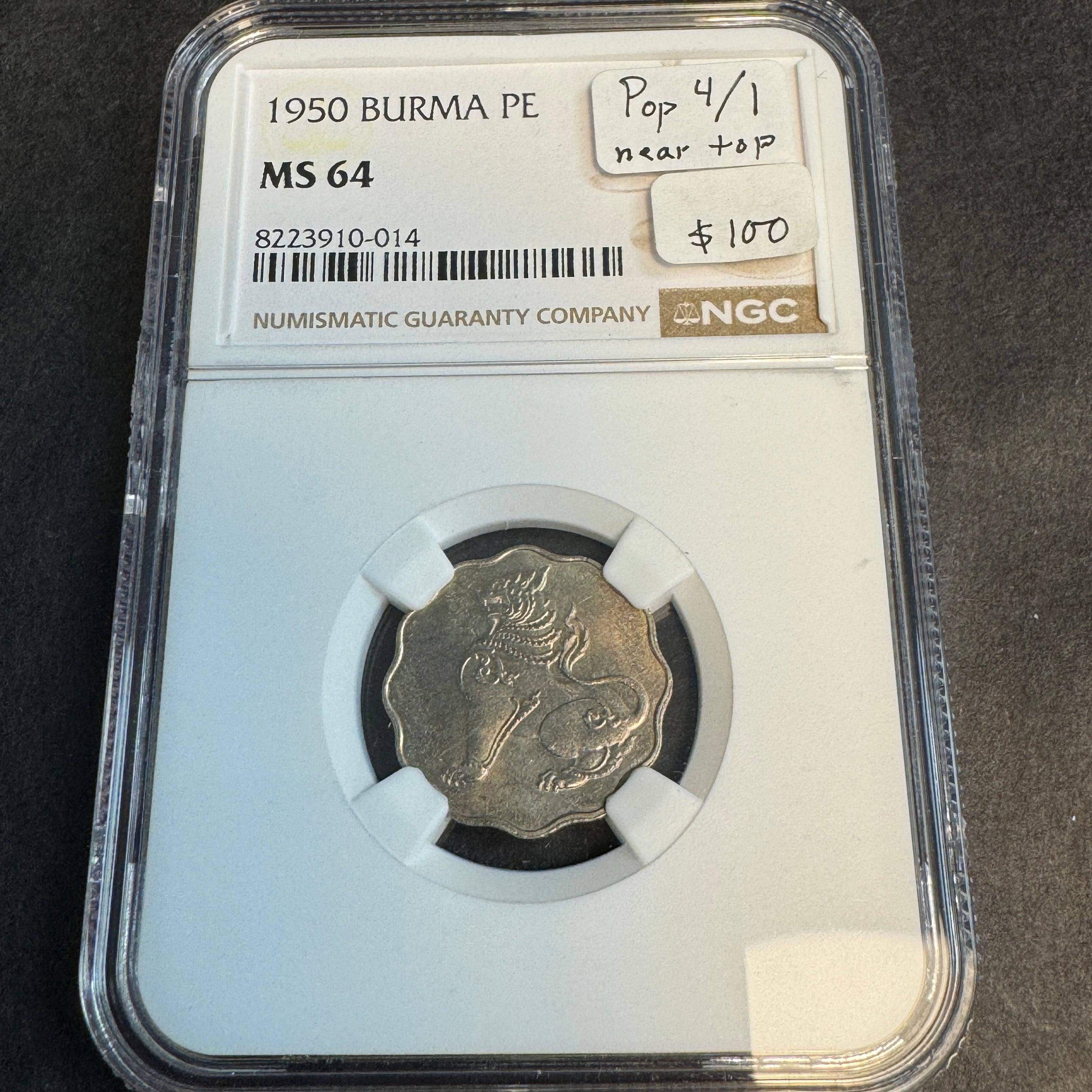 1950 Burma (Myanmar) 1 Pe, Chinthe Lion, NGC MS-64, Pop 4/1 🇲🇲