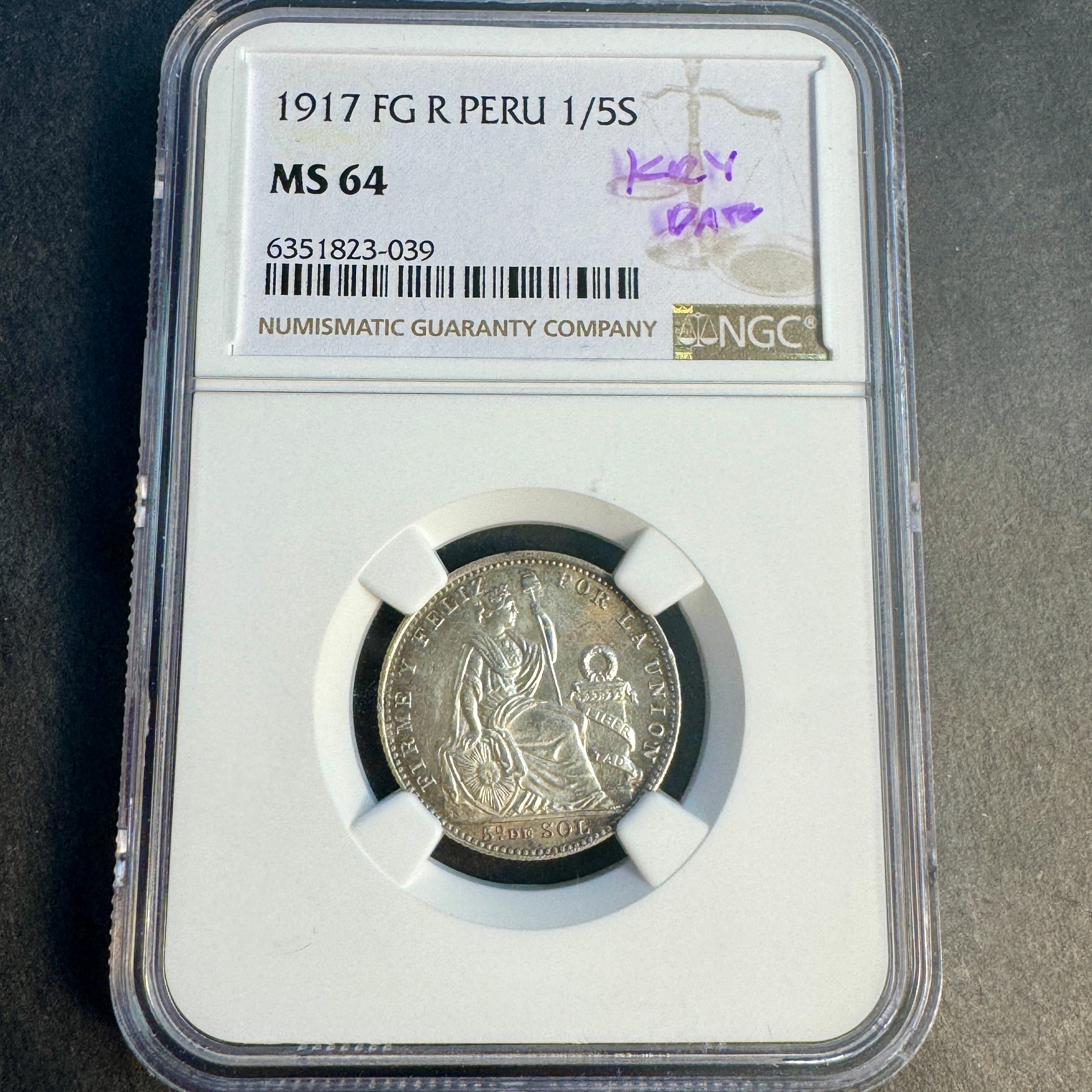1917 FG-R Peru AR 1/5 Sol, Seated Liberty, NGC MS-64 🇵🇪