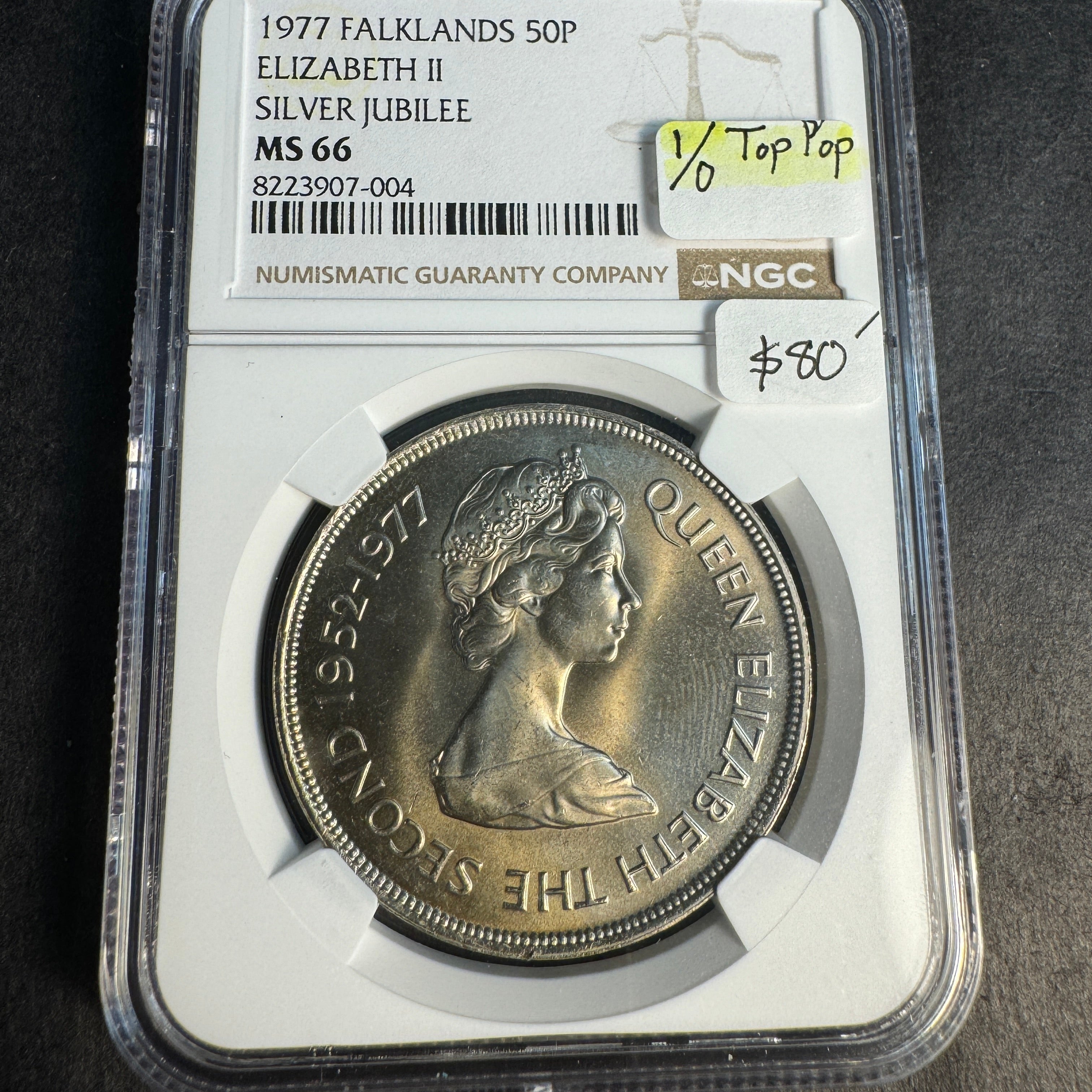 1977 Falkland Islands 50 Pence “Crown Size” QEII Silver Jubilee Year, NGC MS-66 Top Pop 1/0🏆🇫🇰