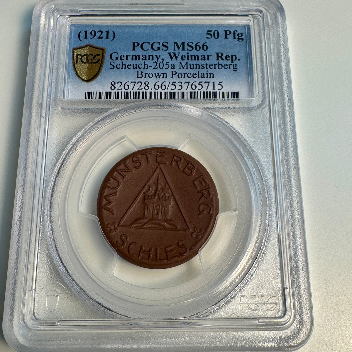 (1921) Munsterberg Germany 50 Pfennig Brown Porcelain Notgeld, Sch-205a, PCGS MS-66 🇩🇪 Top Pop 2/0 ⭐️
