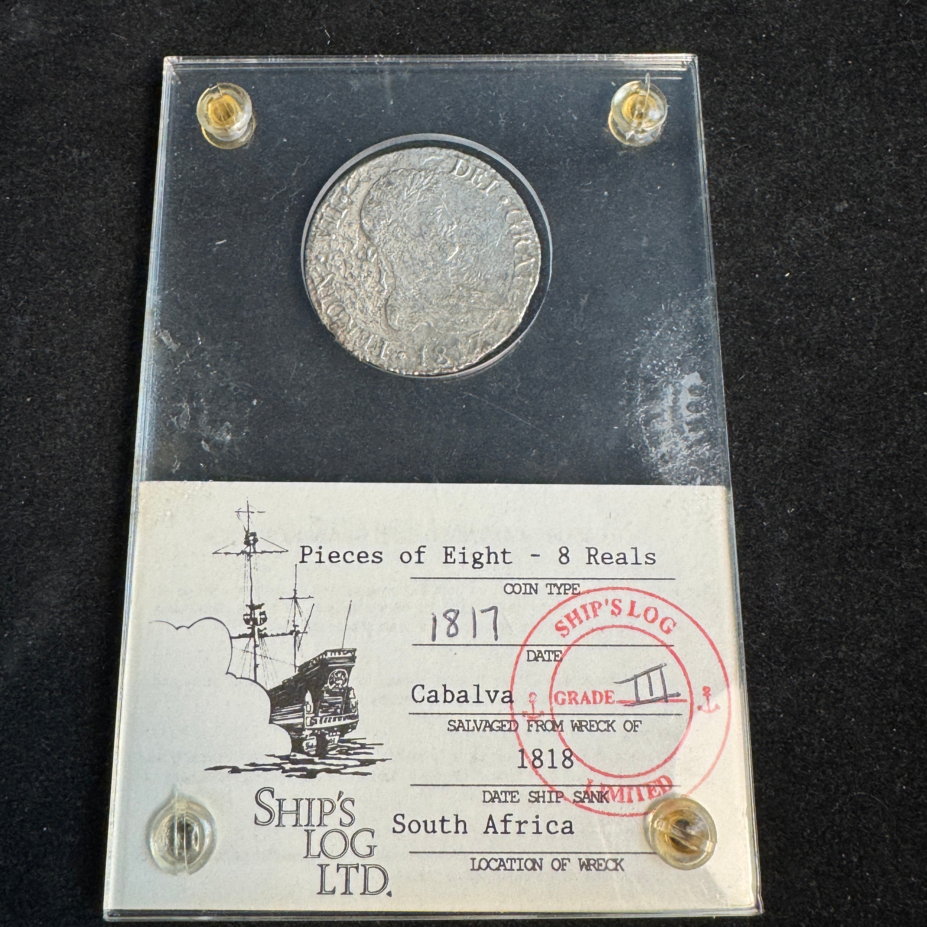 Certified EIC Cablava Shipwreck Spanish 8 Reales Silver coin, Grade III, Dates Vary