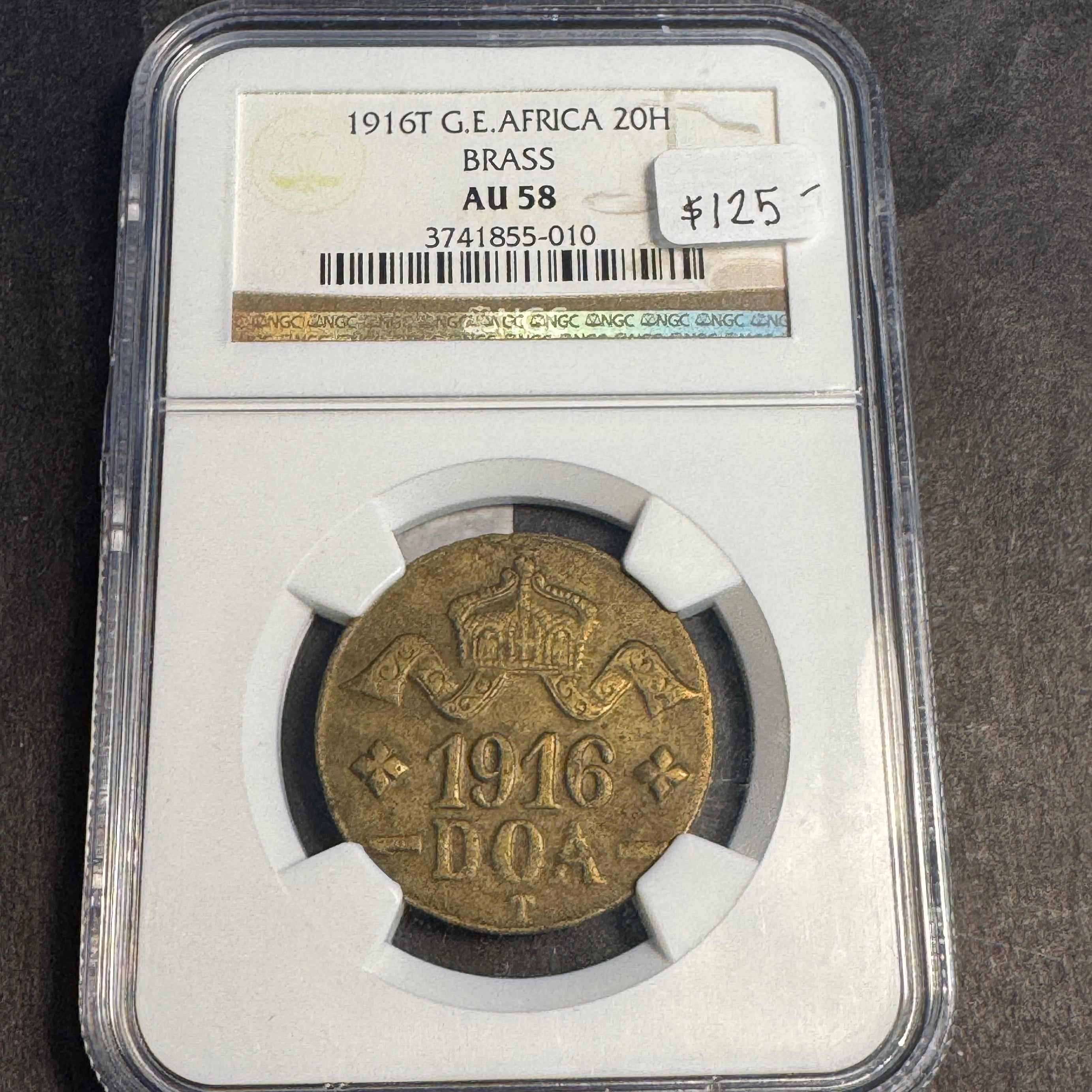 1916-T German East Africa 20 Heller Brass, WWI Tambora Emergency Coin, NGC AU-58