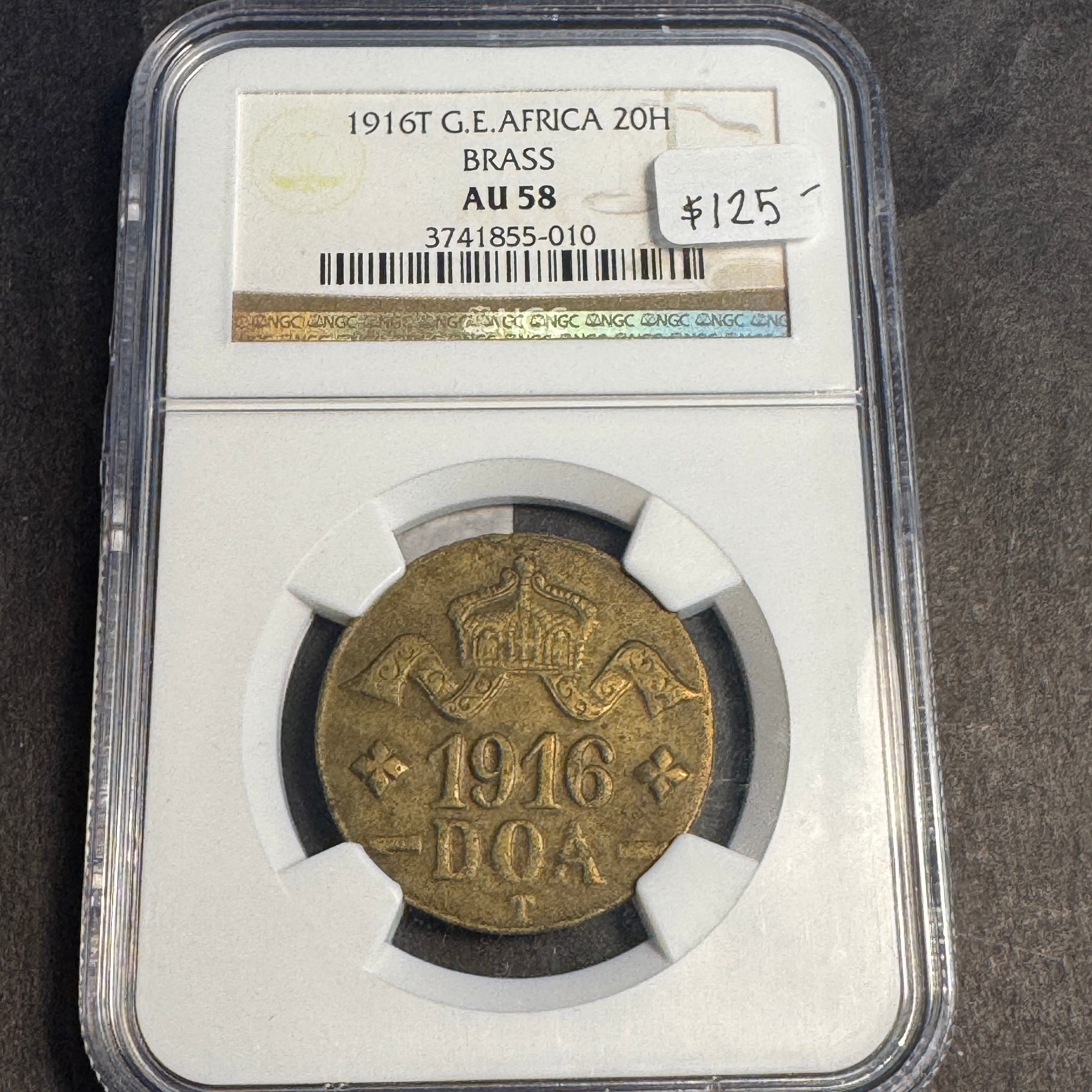 1916-T German East Africa 20 Heller Brass, WWI Tambora Emergency Coin, NGC AU-58