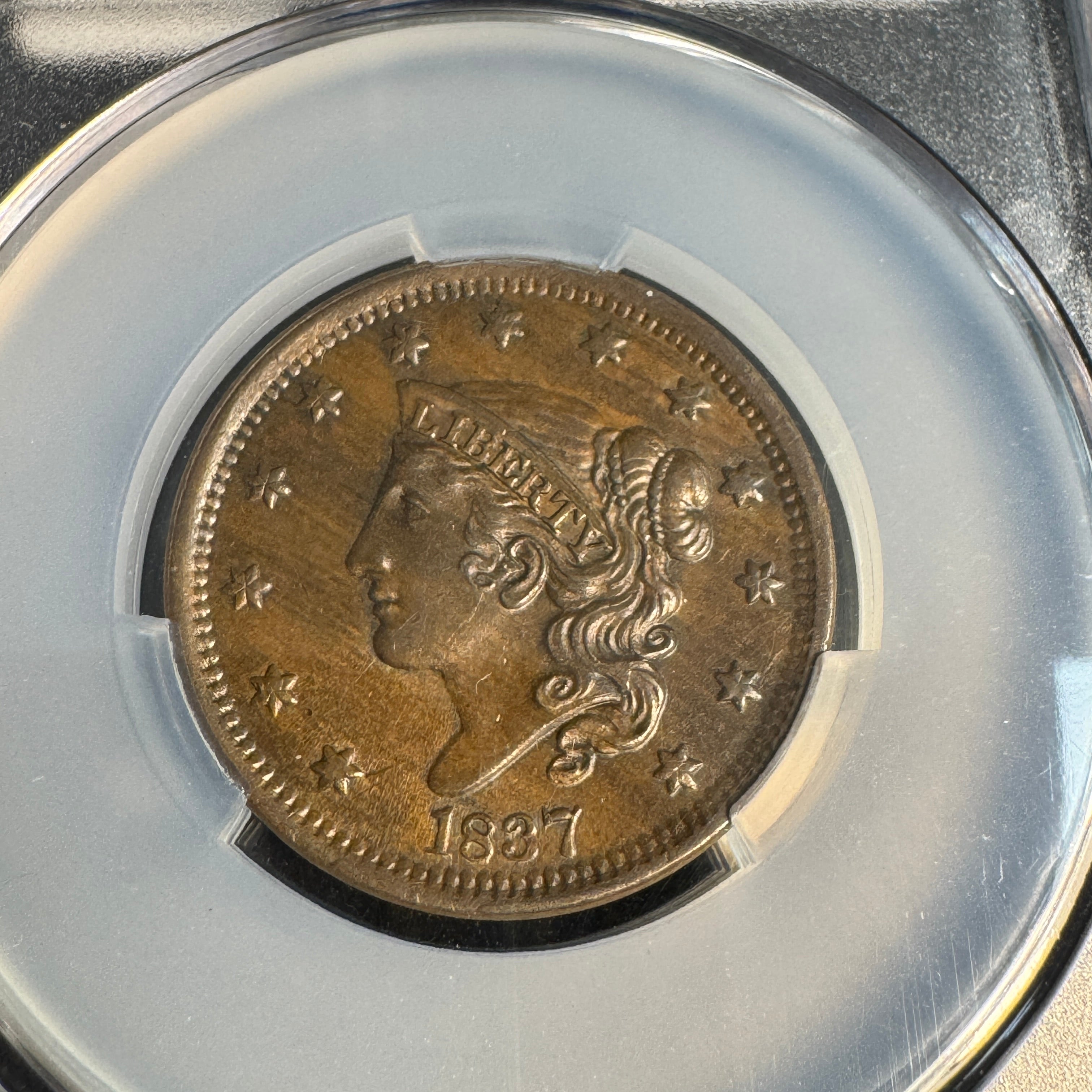 1837 (Head of 1838) Braided Hair Large Cent US 1c, CAC AU-58 - WitterBrick