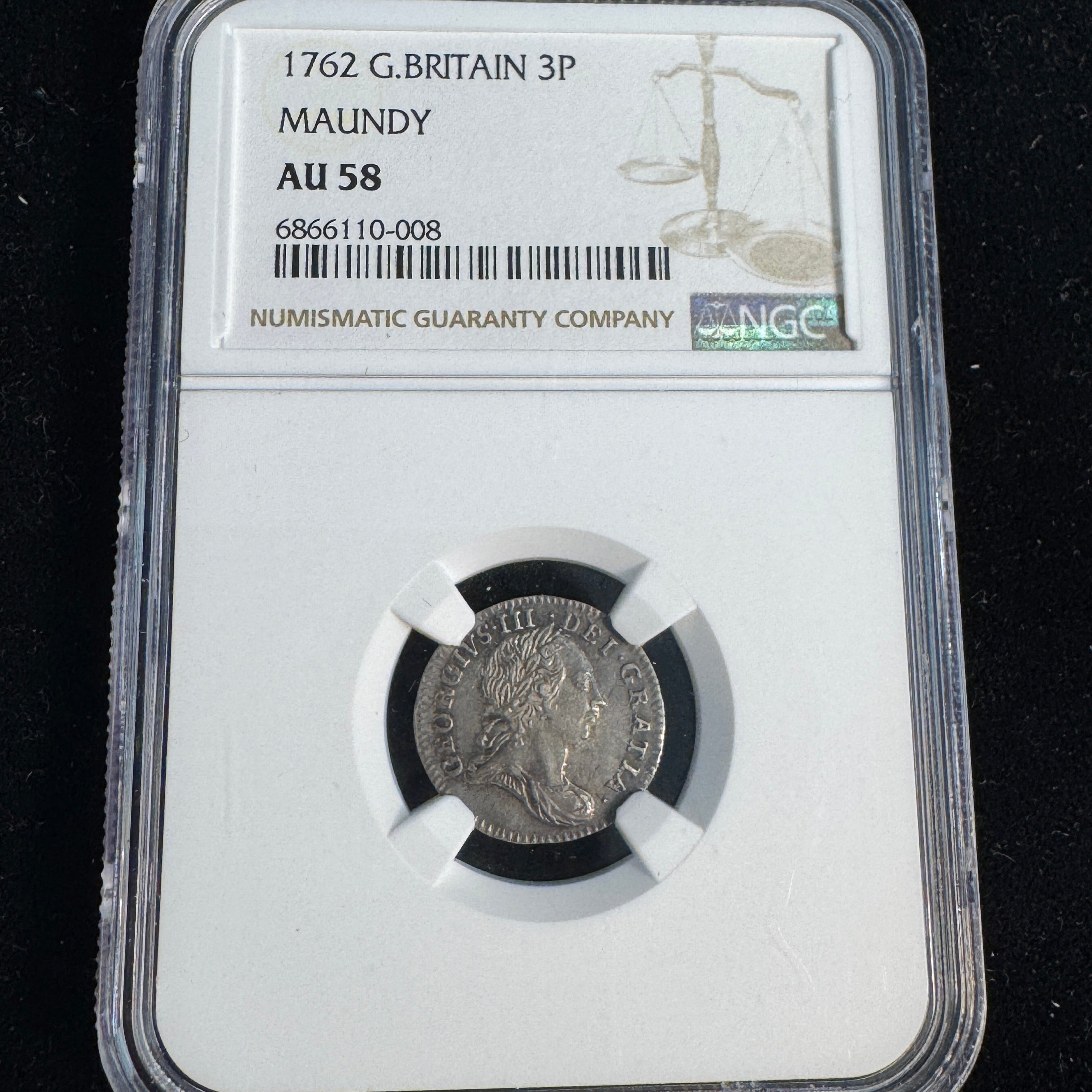 1762 Great Britain 3 Pence, George III Maundy Issue, NGC AU-58 🇬🇧