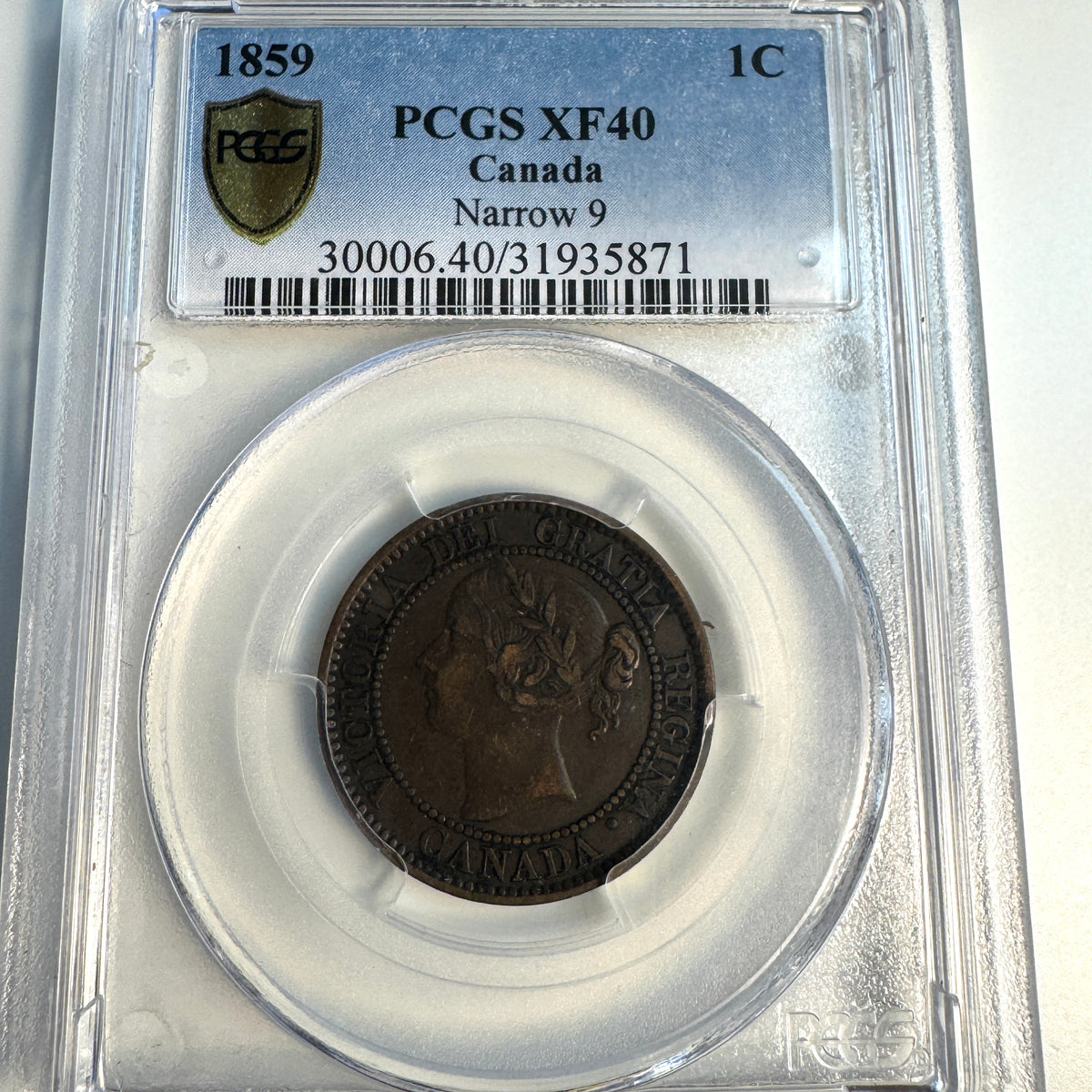 1859 Canada Cent, Narrow 9, PCGS XF-40