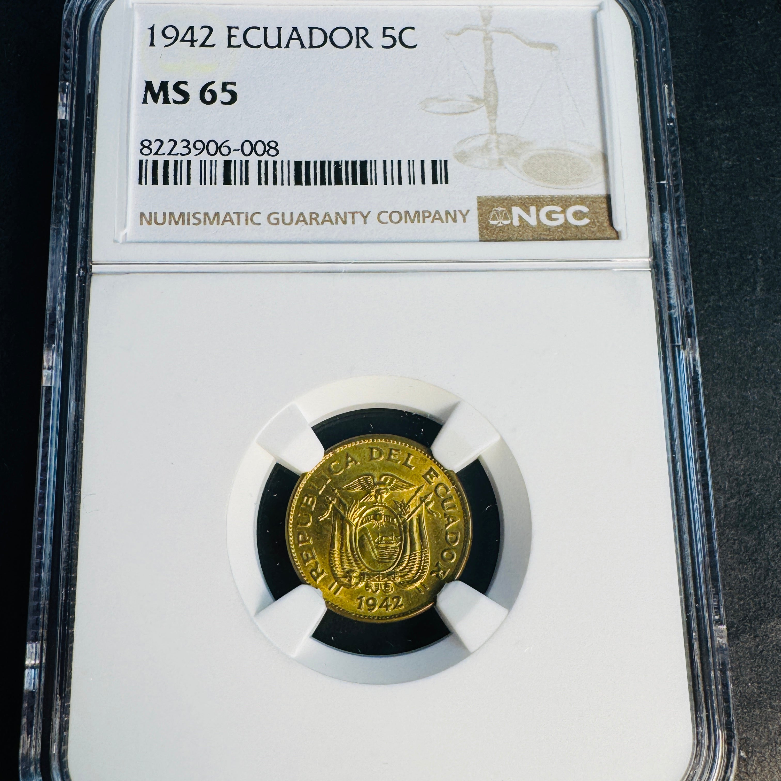 1942 (P, US Mint) Ecuador 5 Centavos, NGC MS-65 🇪🇨