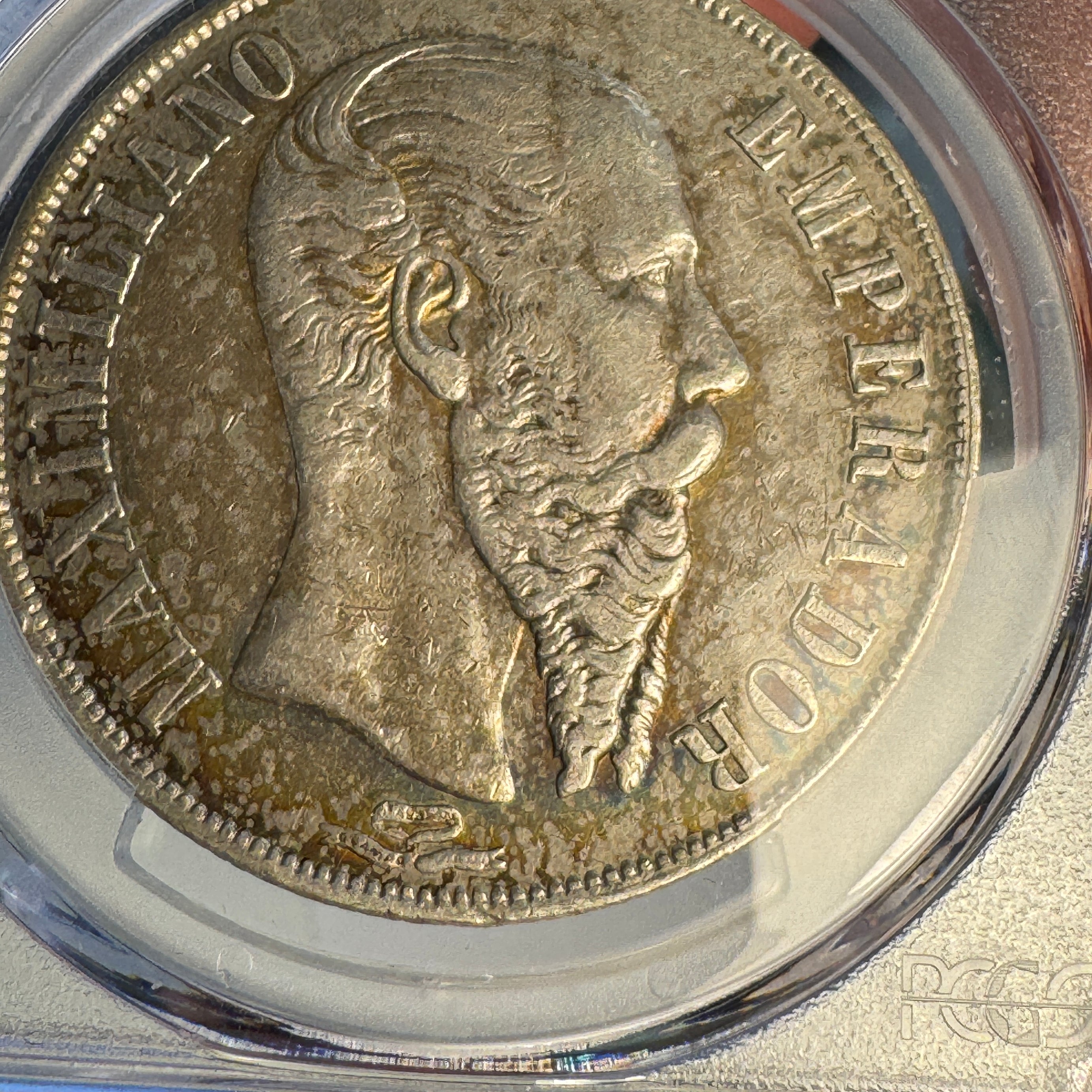 1866-Mo Empire of Maximilian Mexico AR 1 Peso, PCGS XF Details Color Toning