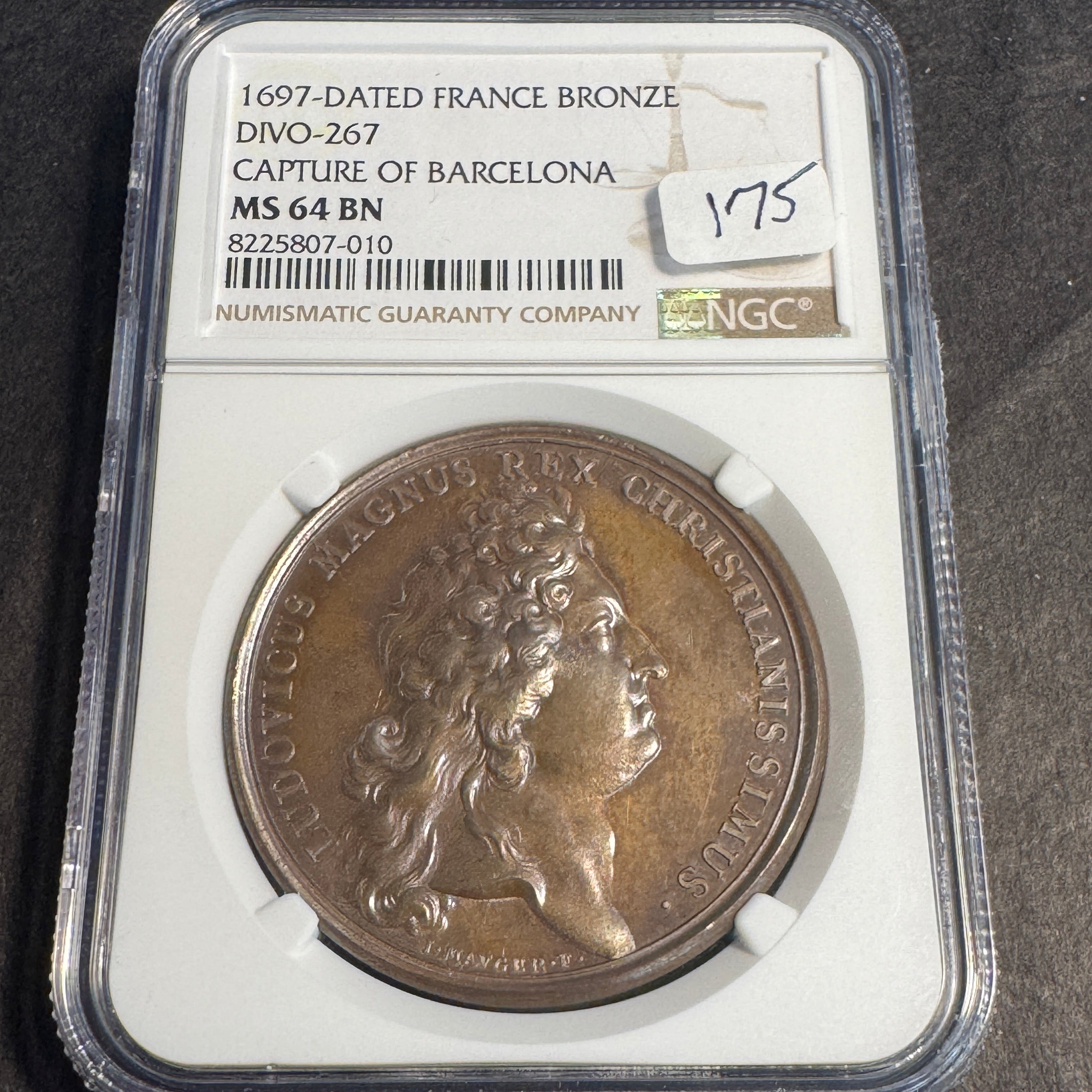 1697-Dated France Bronze Medal Divo-267, King Louis / Hercules, Capture of Barcelona, NGC MS-64 BN 🇫🇷