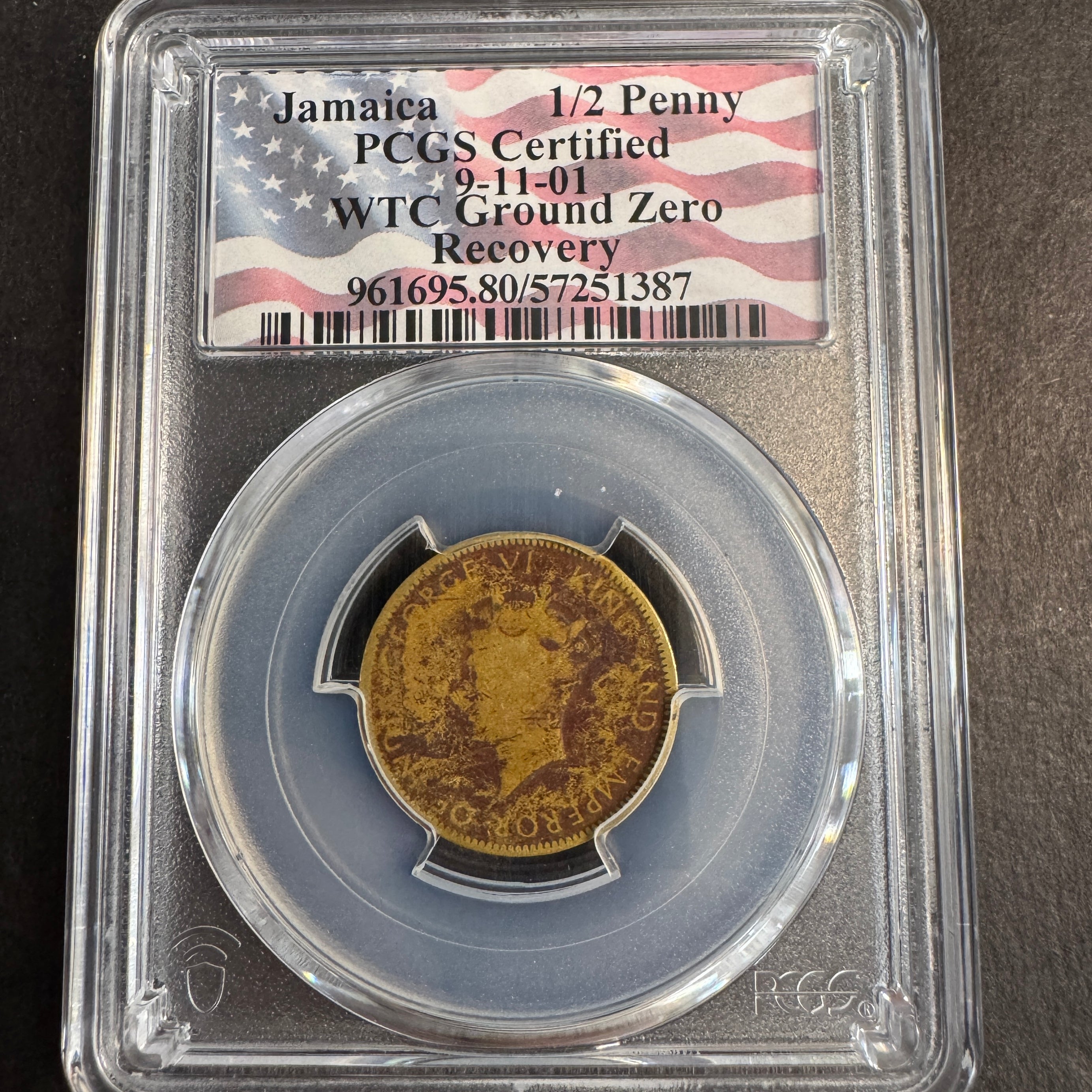(1937) Jamaica 1/2 Penny, 9/11 WTC Ground Zero Recovery, PCGS Certified 🇺🇸