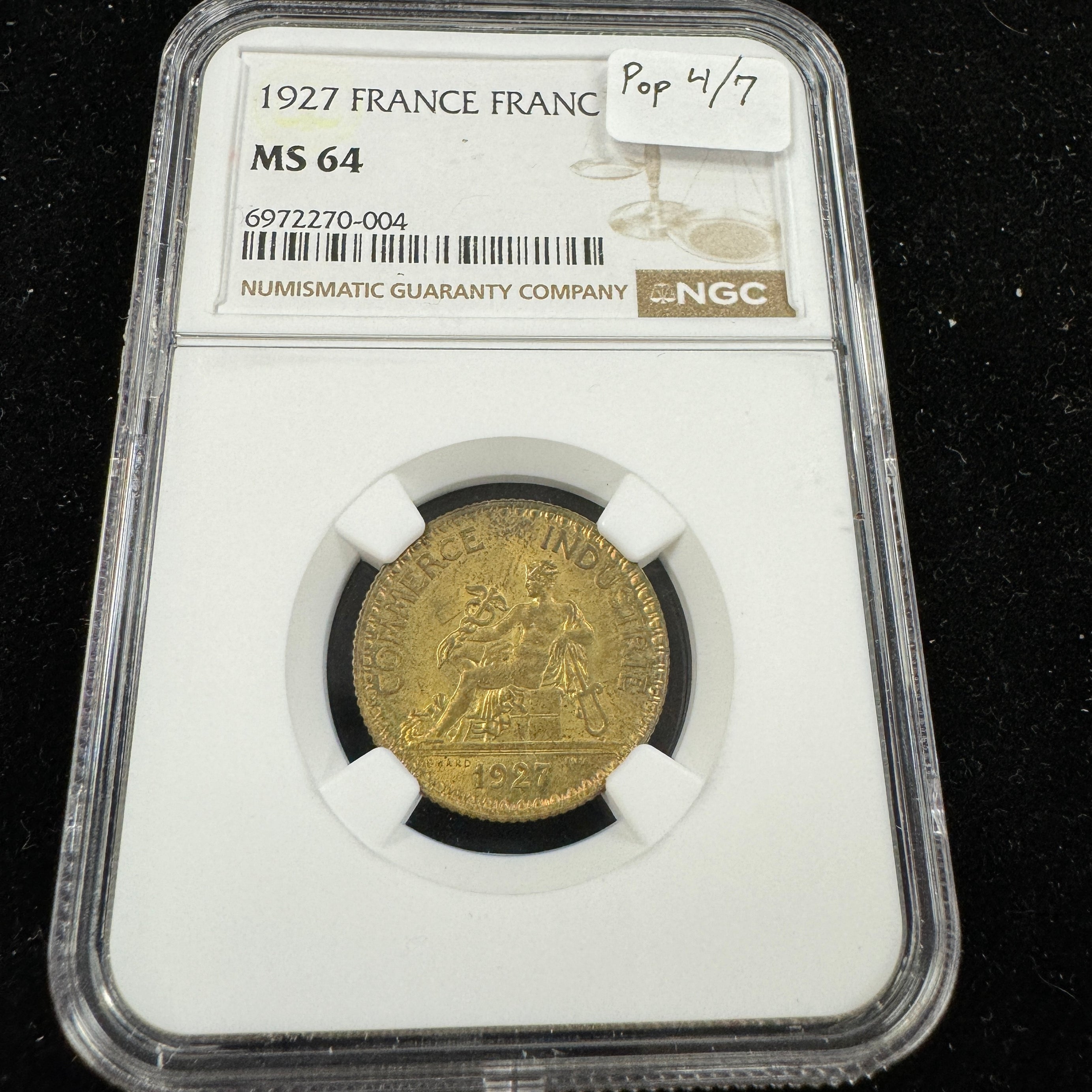 1927 France 1 Franc, Std. Mercury, NGC MS-64, Pop 4/7