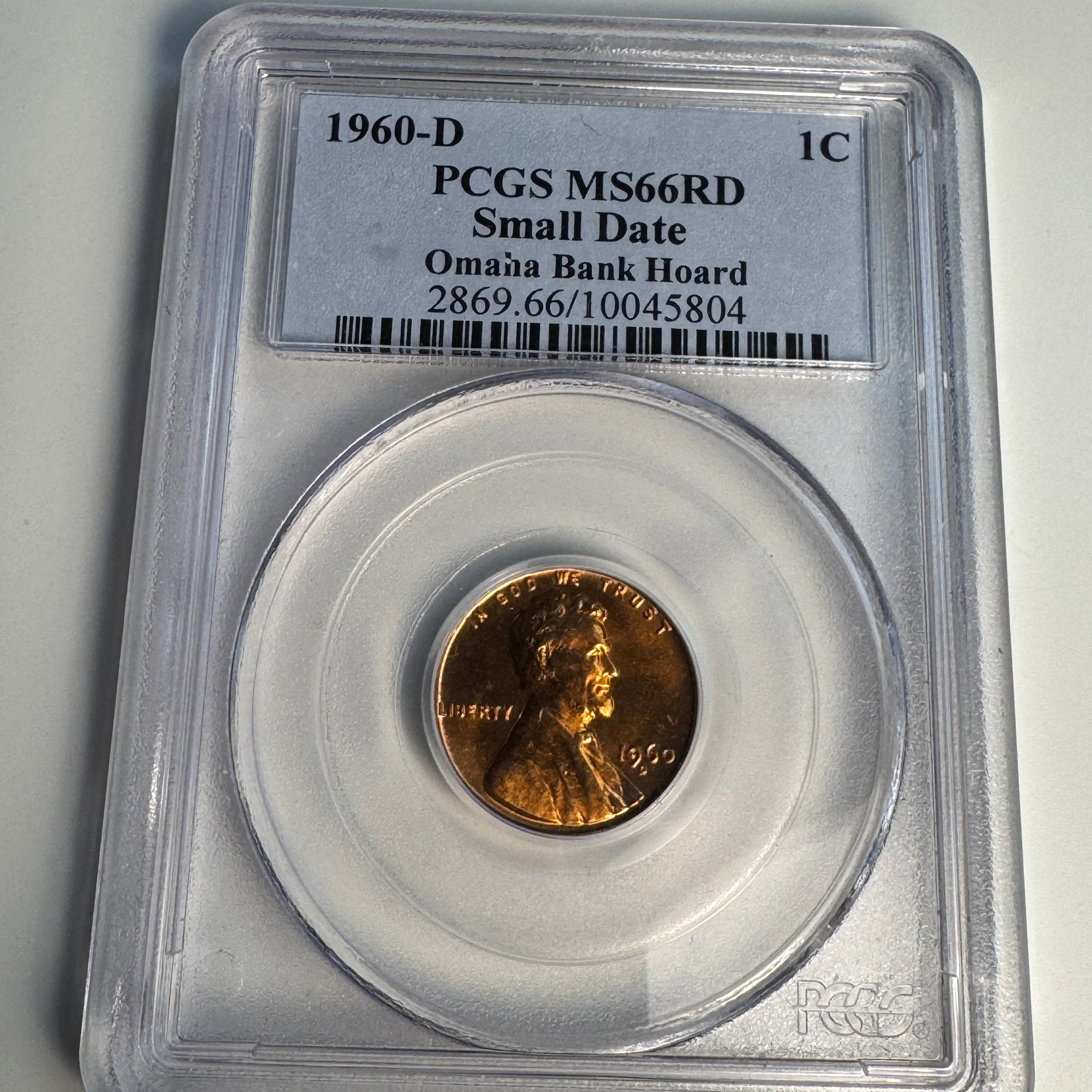 1960-D Lincoln Cent 1C Small Date, PCGS MS-66 RD - Omaha Bank Hoard