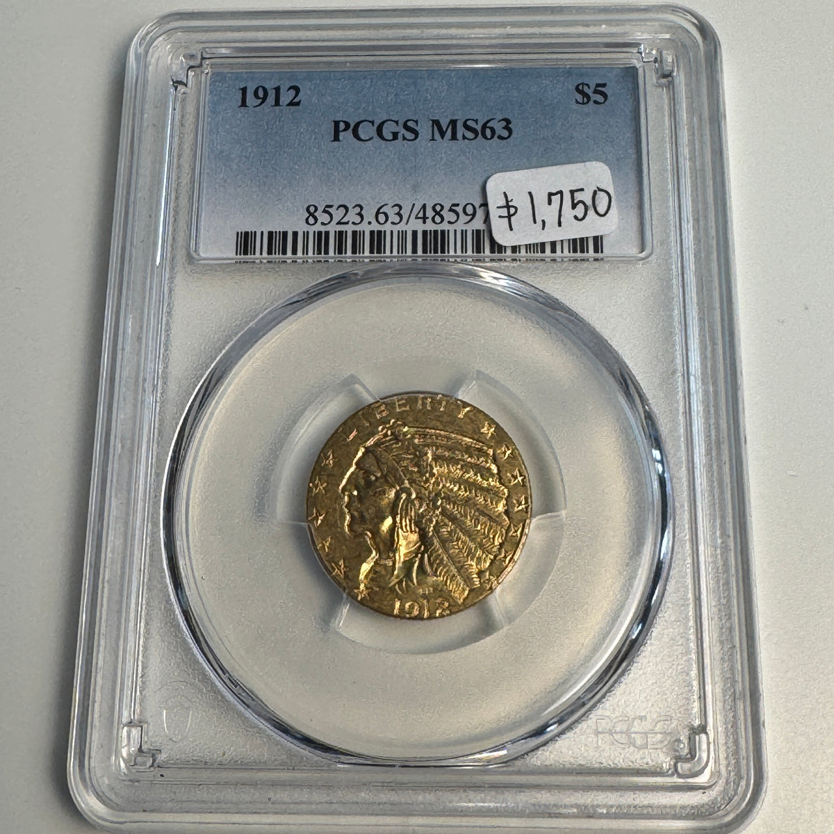 1912 (P) Indian Head $5 Dollars Gold, PCGS MS-63 [CPG: 1,950]