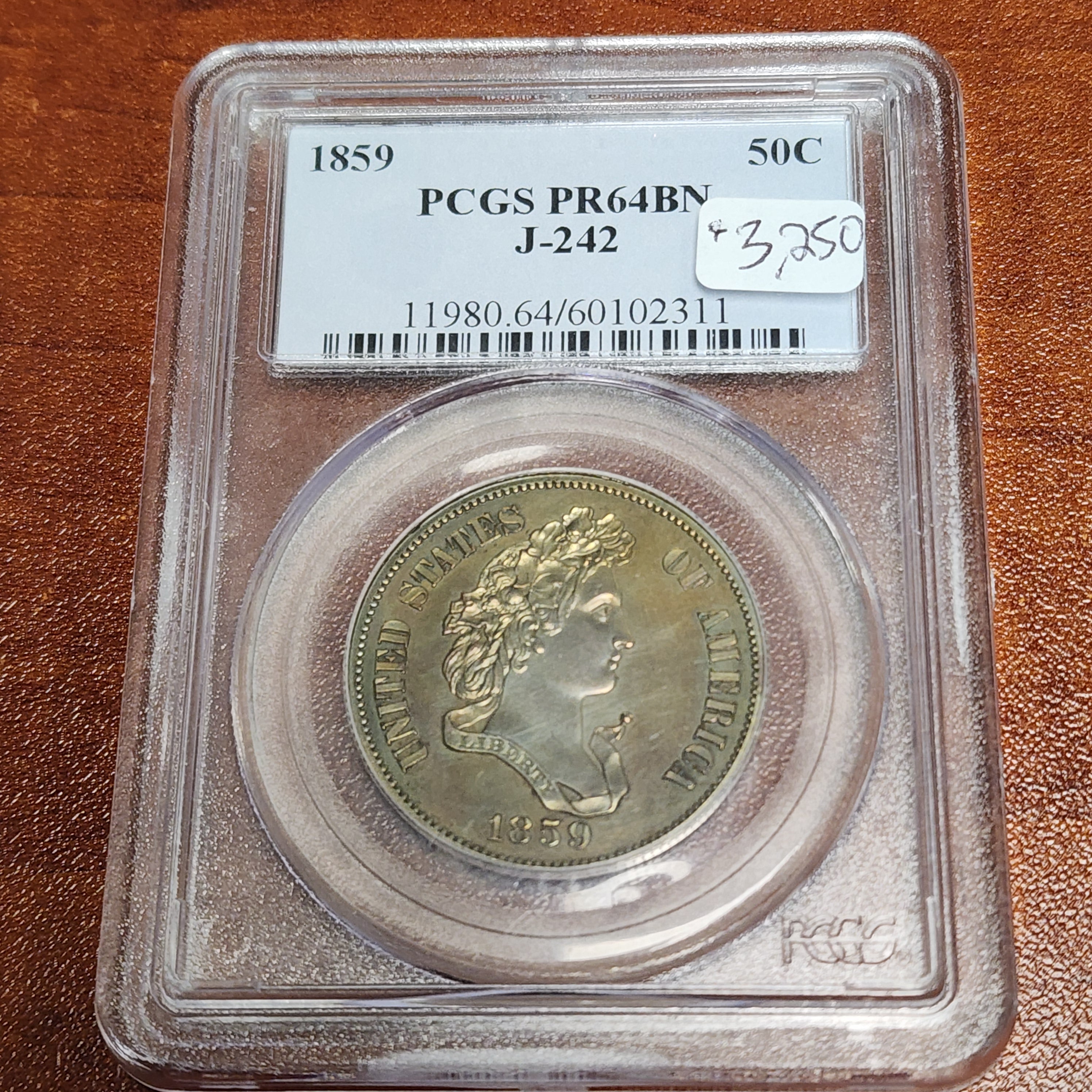 1859 50C J-242 PR64BN Pattern Toned