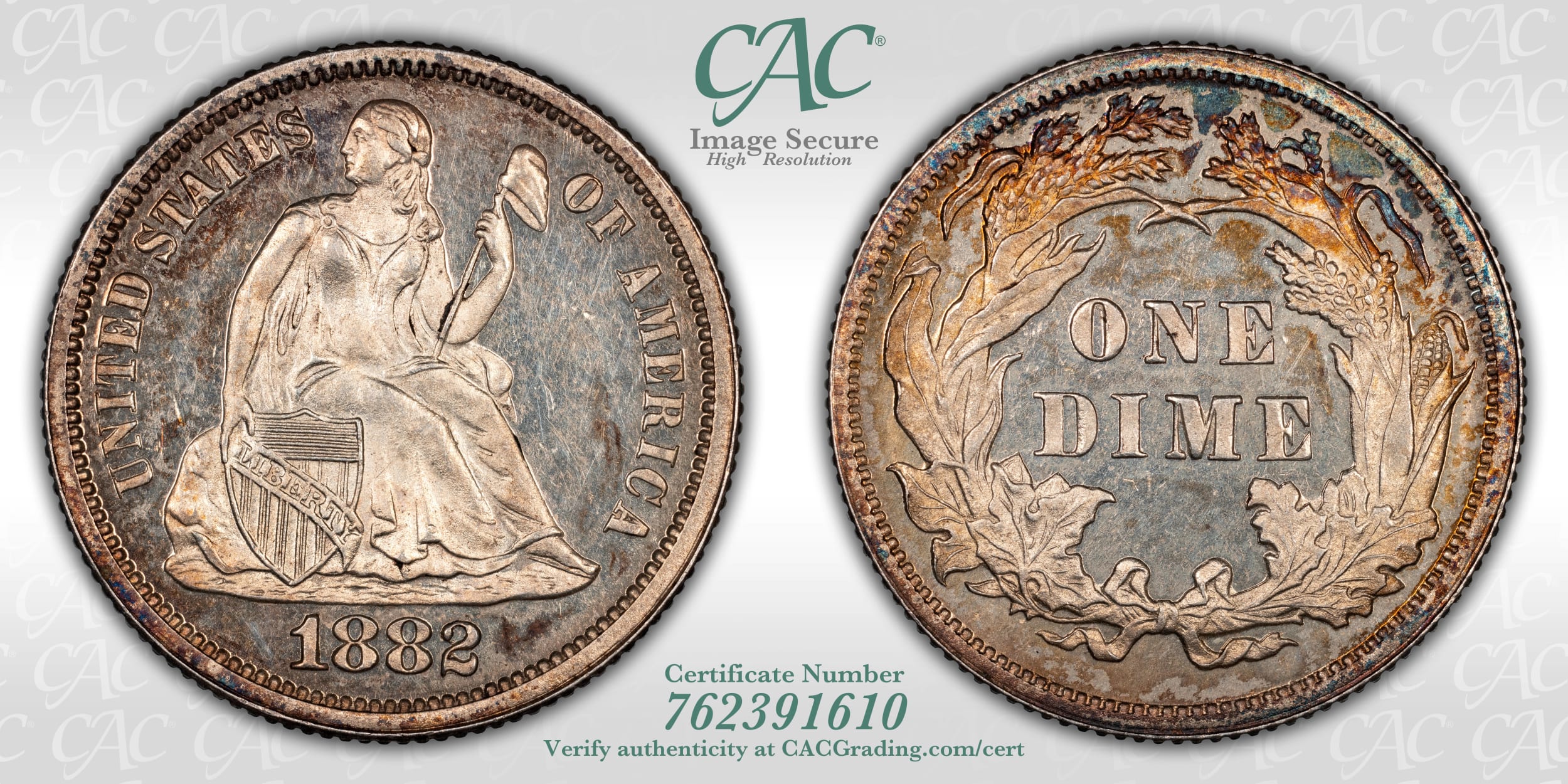 1882 10C PR64 CACG Toned