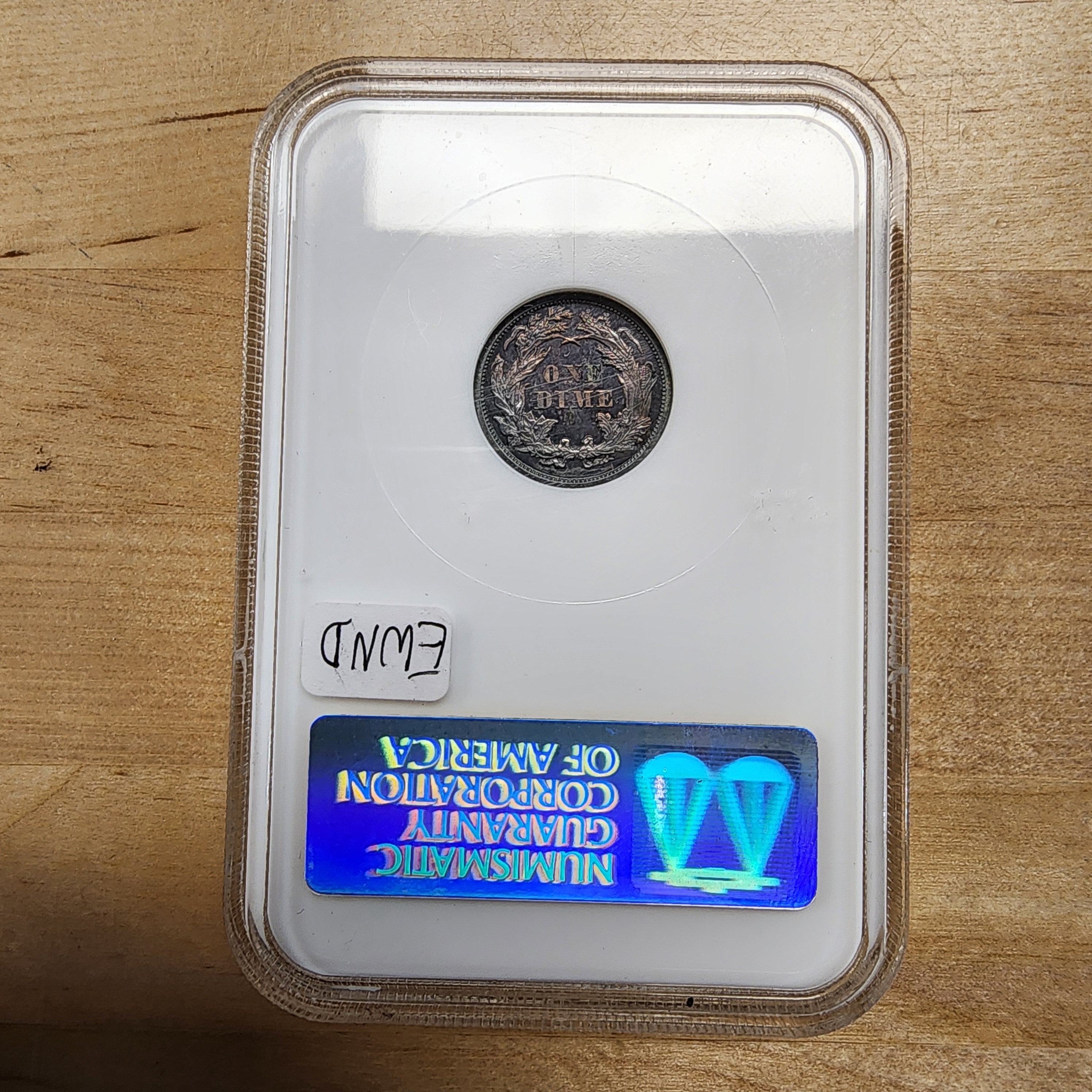 1867 Seated Liberty 10C Proof, Fatty NGC PF-63 Gold CAC Sticker