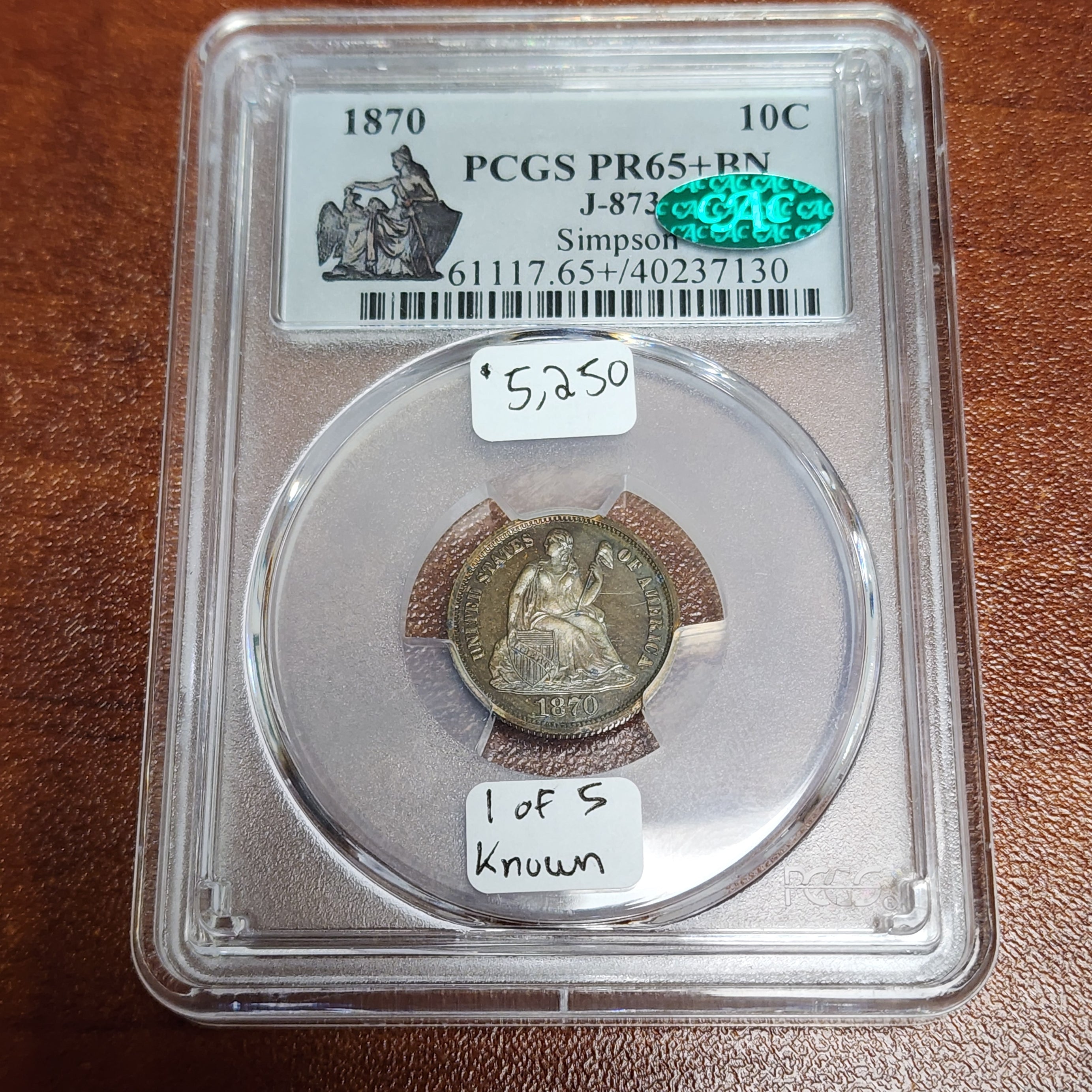 1870 10C PR65+BN CAC J-873 Pattern Seated Dime Simpson Pedigree