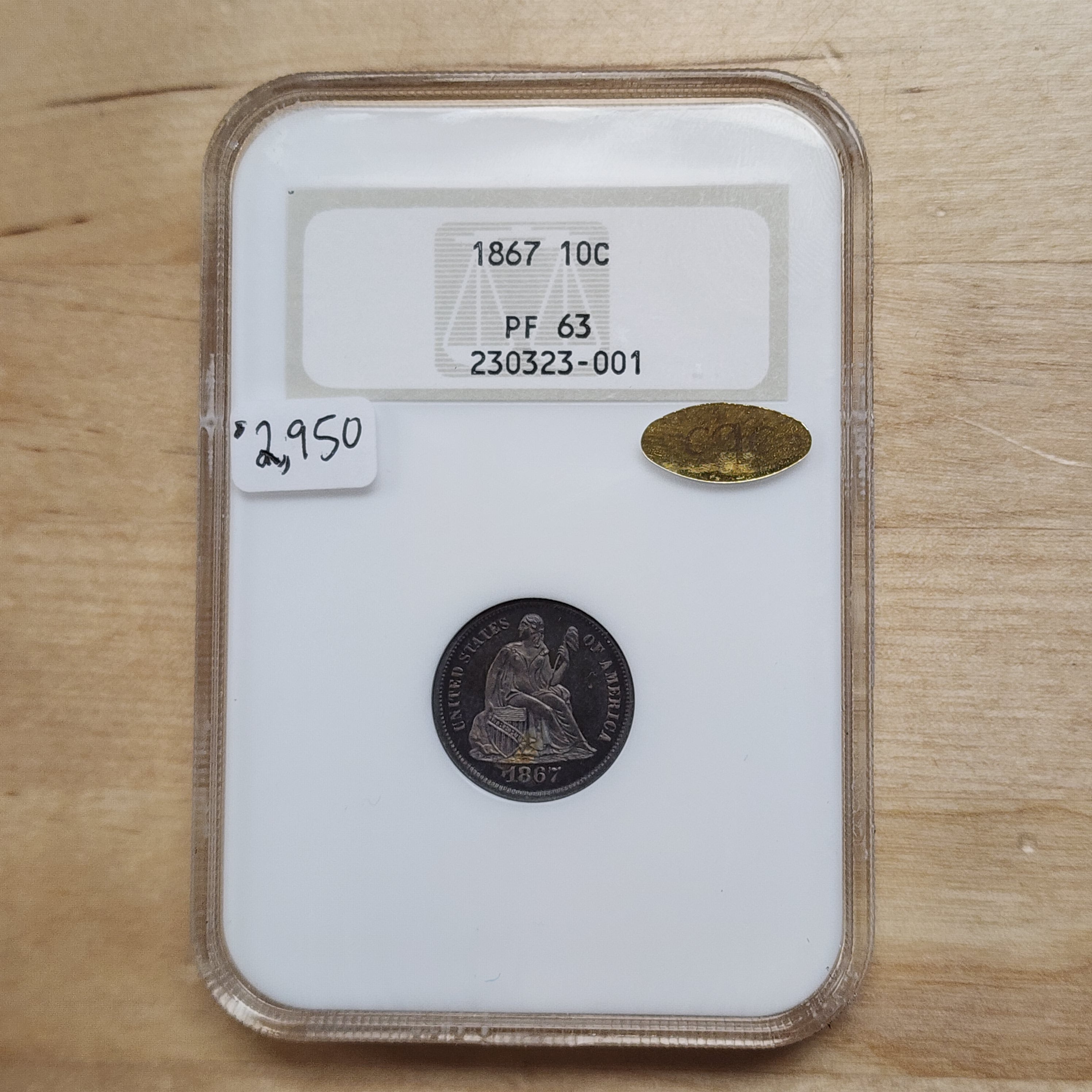 1867 Seated Liberty 10C Proof, Fatty NGC PF-63 Gold CAC Sticker