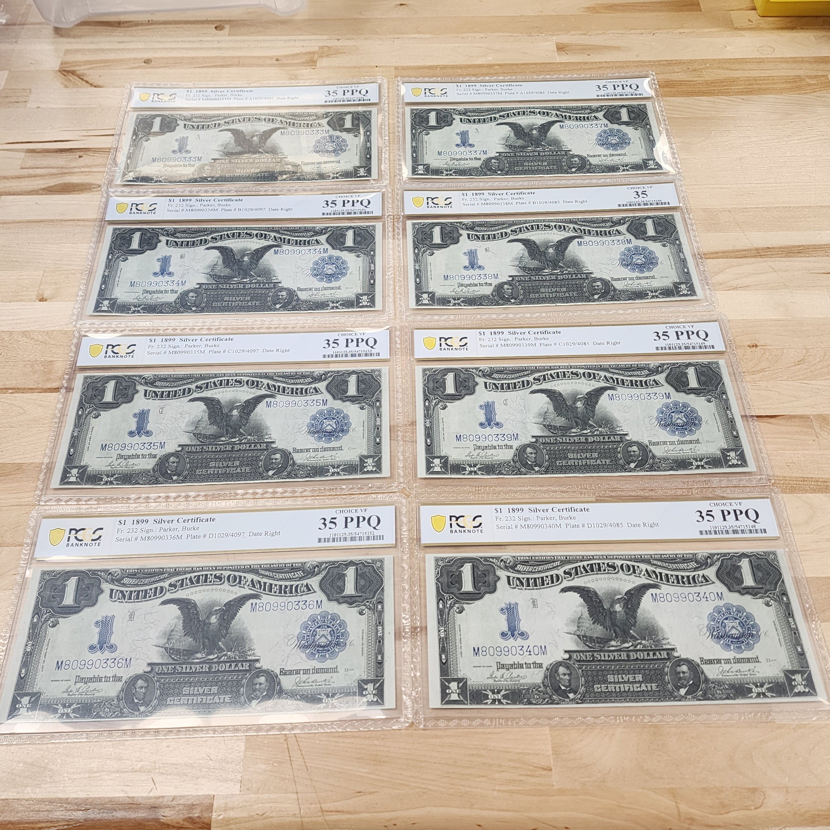 1899 $1 Silver Choice VF Certificate 35 PPQ Consecutive 8 Note Lot. Very rare find!