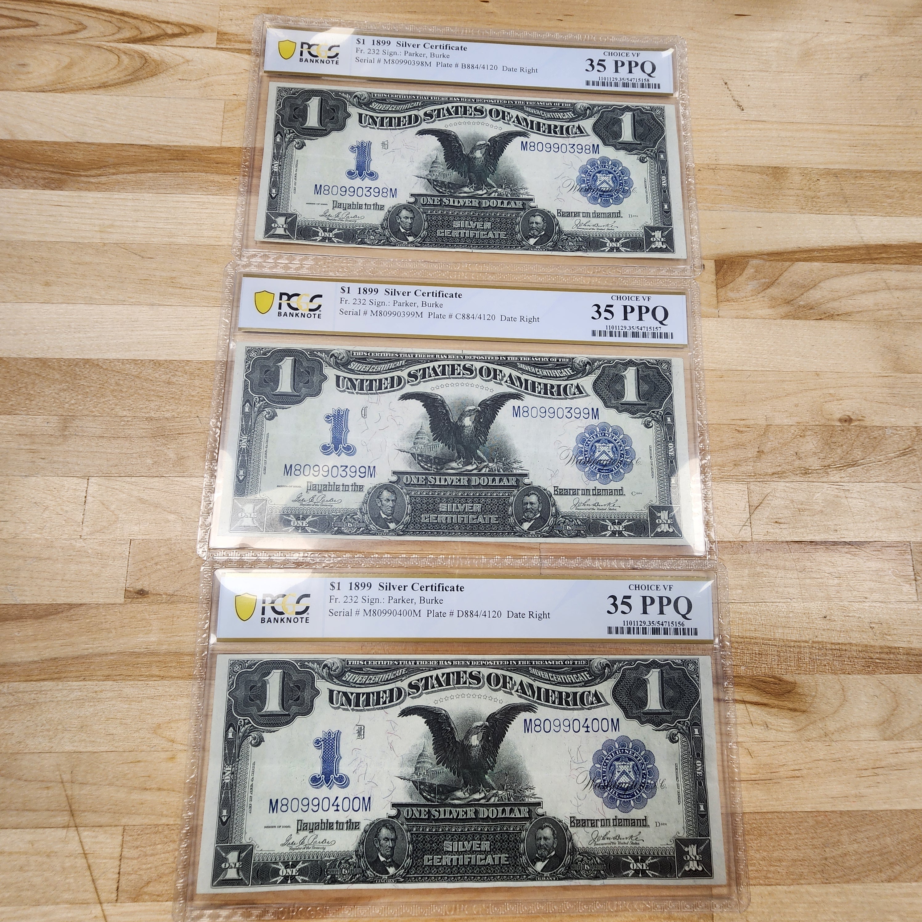 1899 $1 Silver Choice VF Certificate 35 PPQ Consecutive 3 Note Lot. Very rare find!
