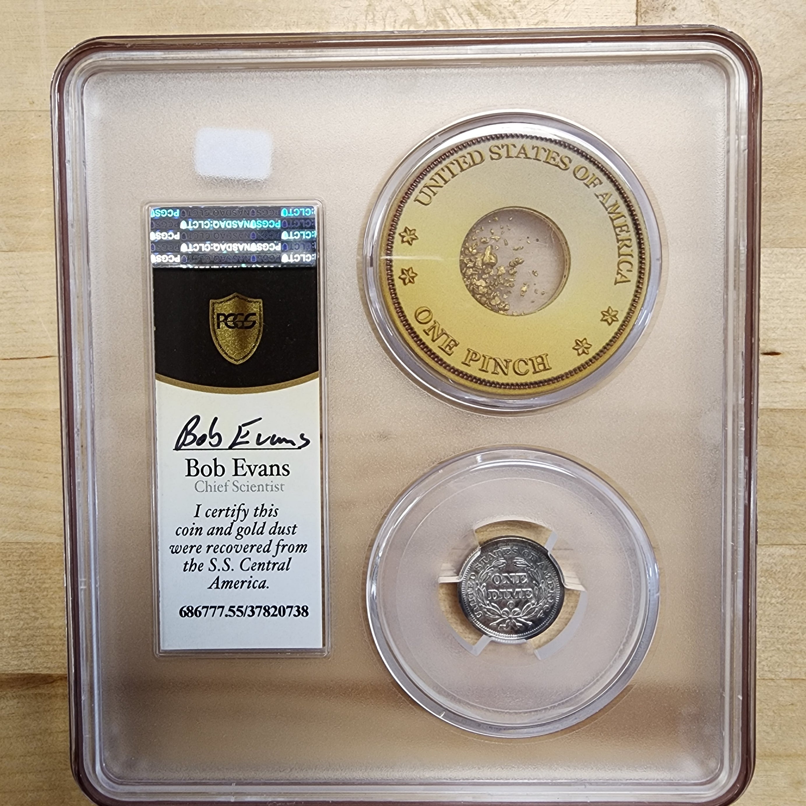 SS Central America “Ship of Gold” Shipwreck 1854-O Arrows Seated Dime & California Gold Pinch, PCGS AU55 & Bob Evans Sig