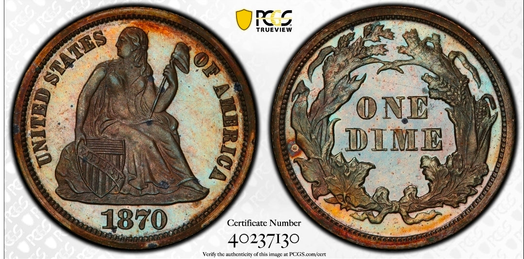 1870 10C PR65+BN CAC J-873 Pattern Seated Dime Simpson Pedigree