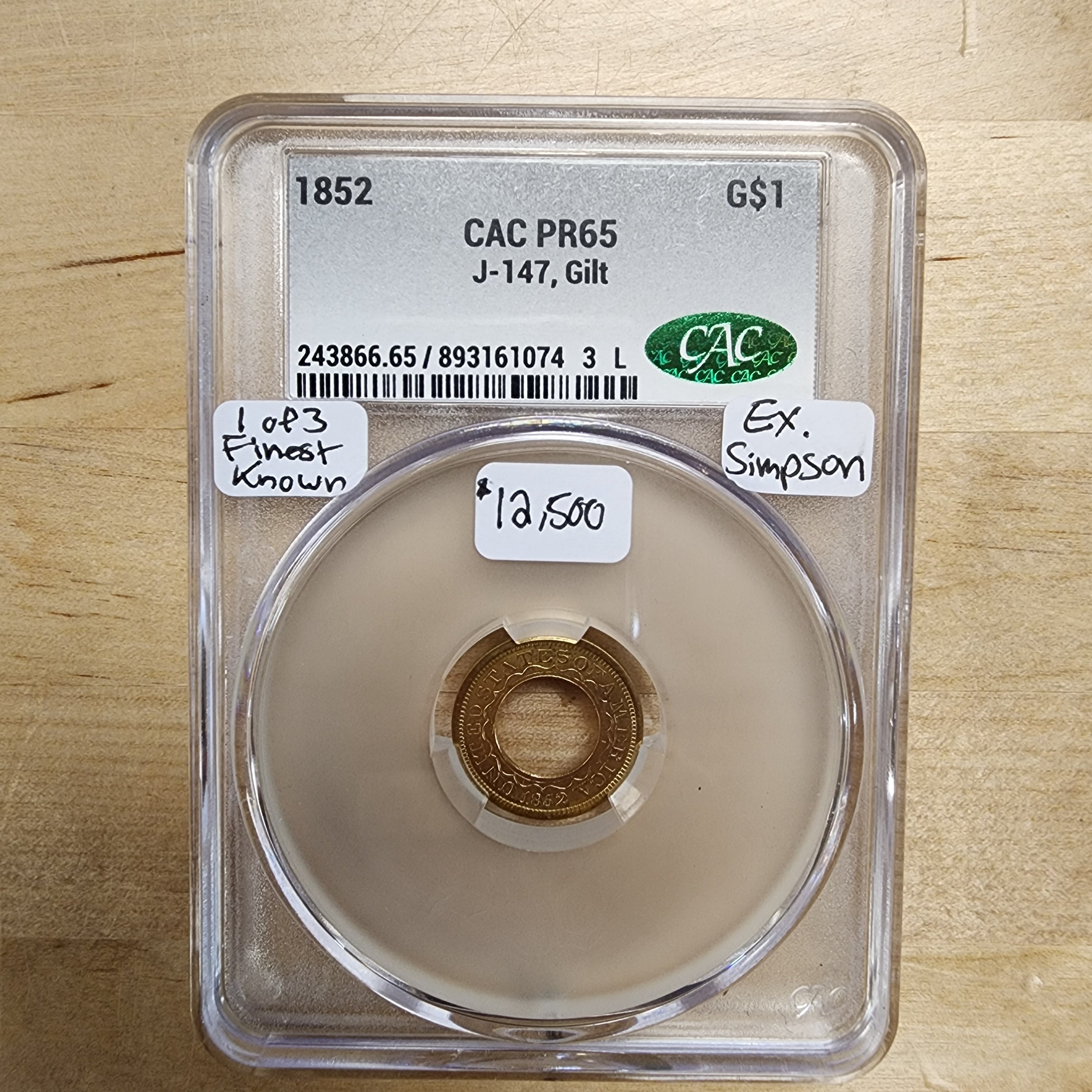 1852 G$1 J-147 Gilt PR65 CAC Pattern 1 of 3 Known, Finest Known