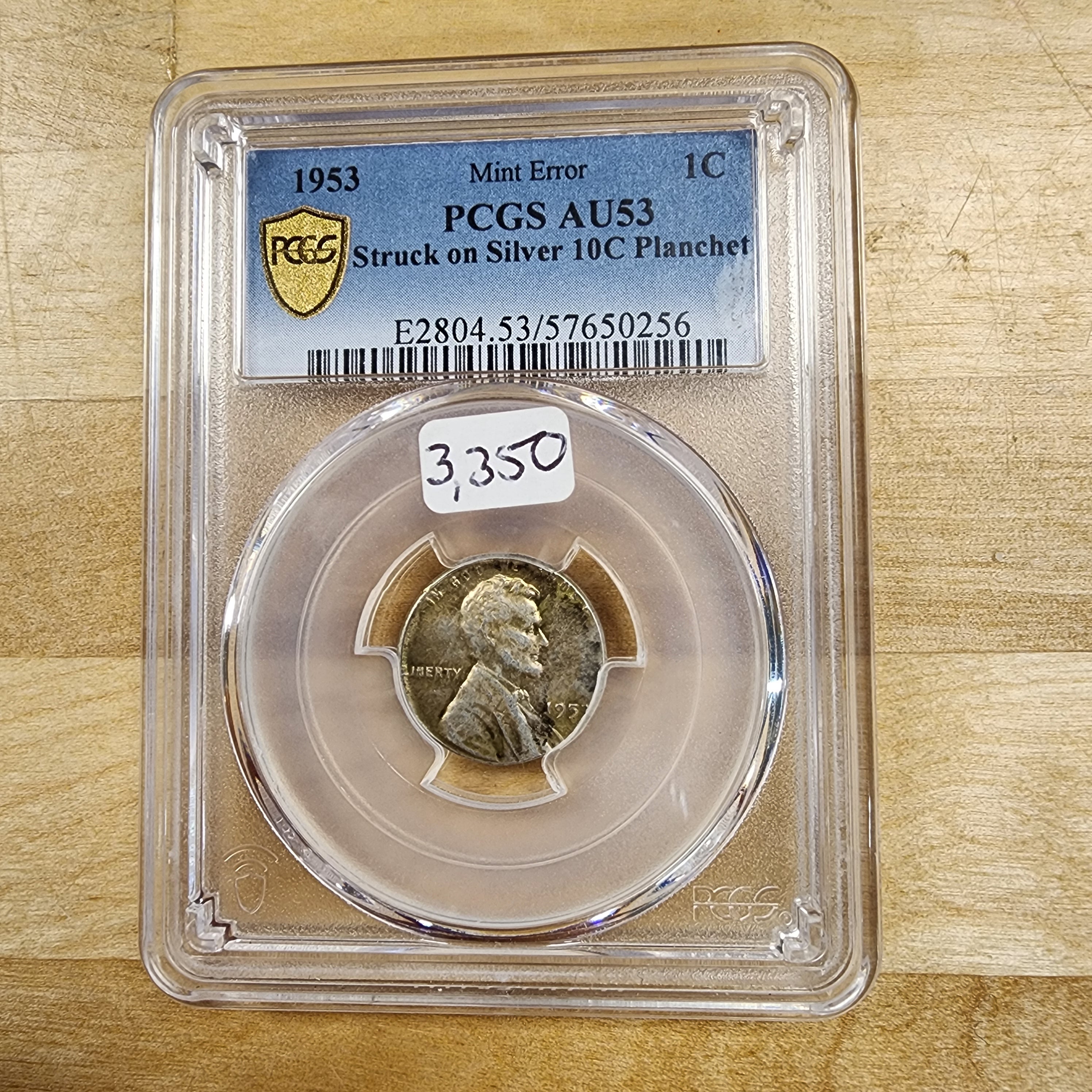 1953 1c Mint Error Struck on Silver 10c planchet PCGS AU53