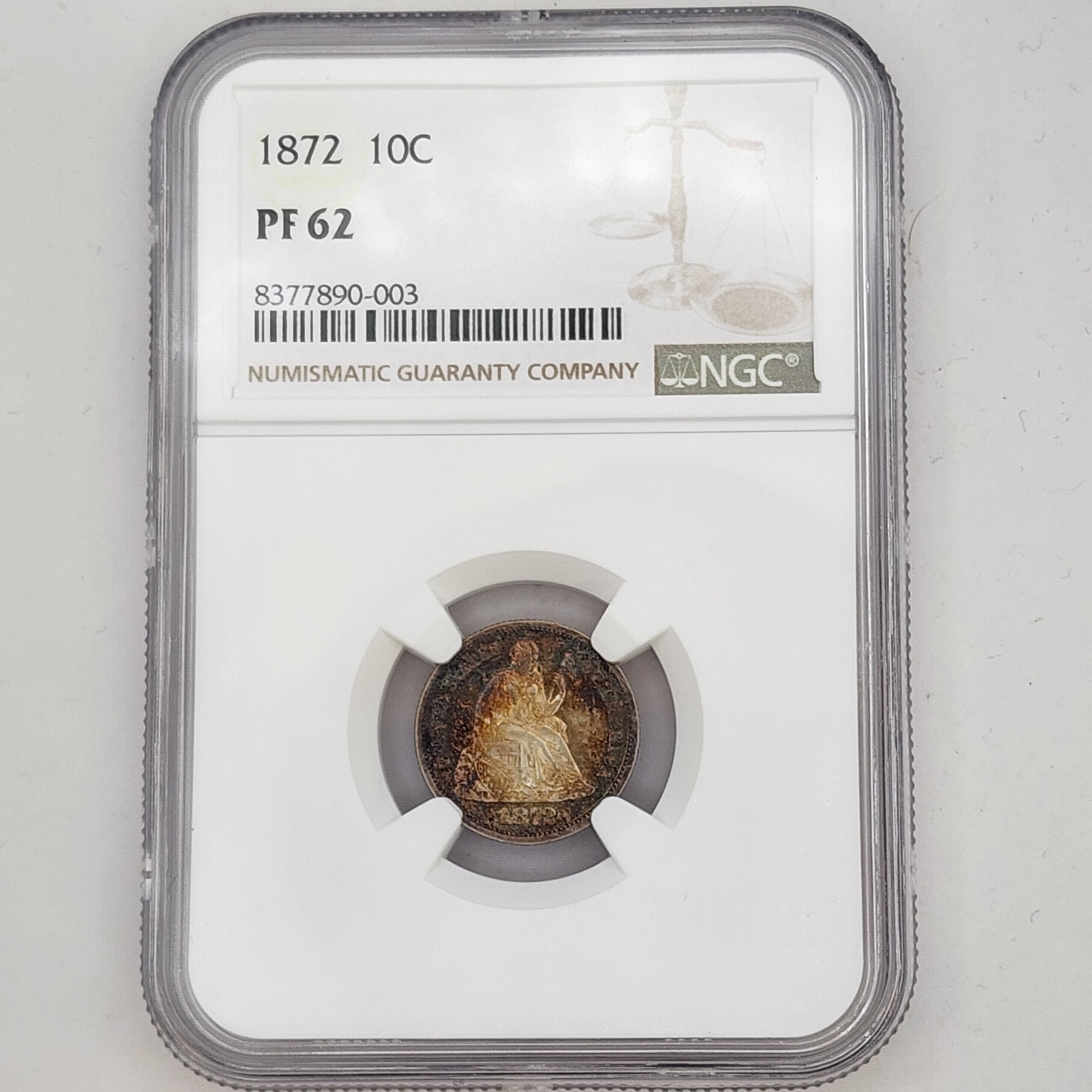 1872 10C PF62 NGC Seated Dime. Beautiful Colorful Toning!