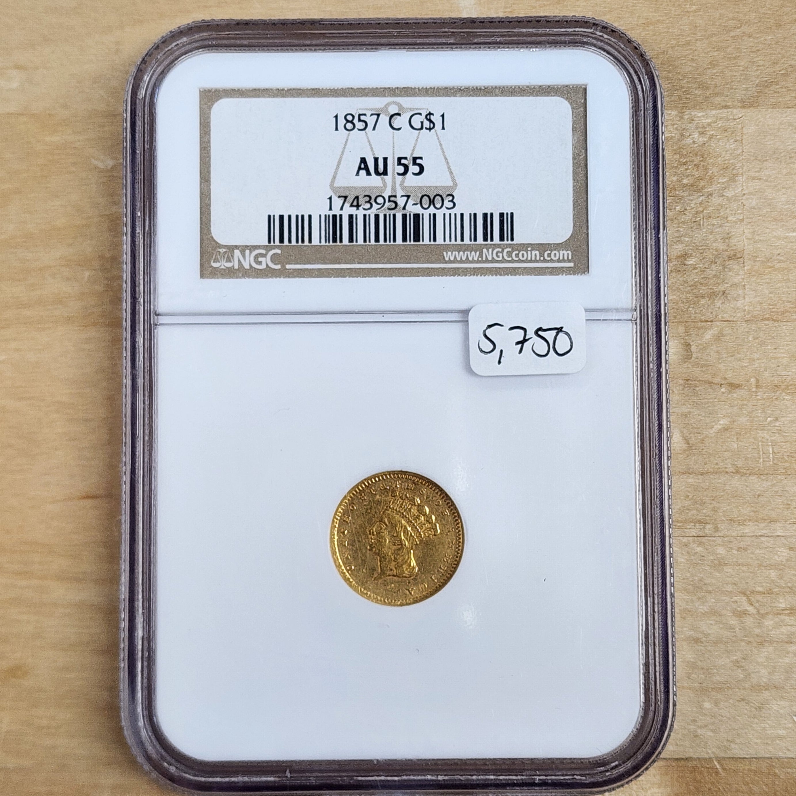 1857-C G$1 Charlotte Gold AU55 Estimated Only 175 Survive