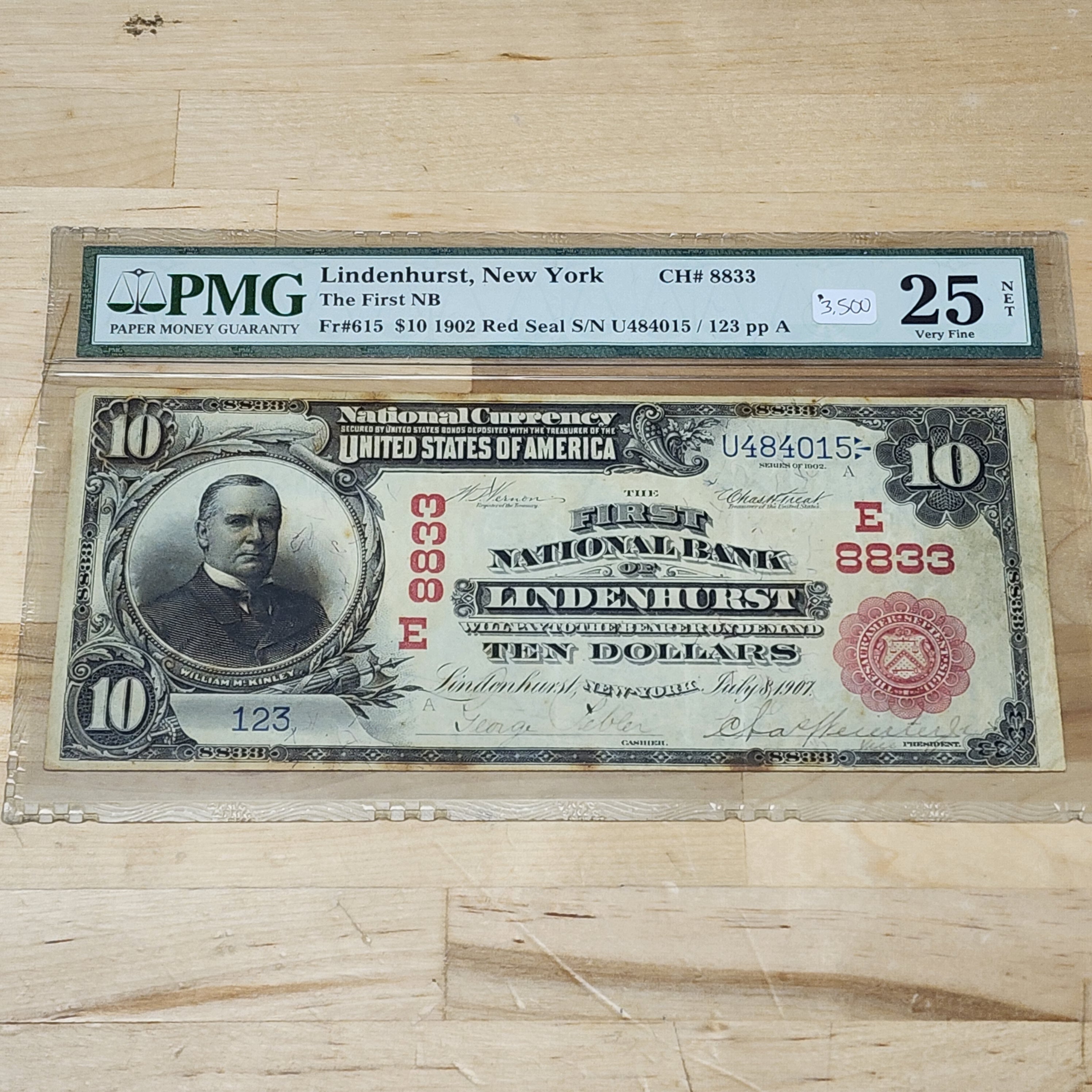 1902 $10 Red Seal The First National Bank of Lindenhurst New York CH#8833 FR#615 Very Fine 25 Net Stains Fancy Serial 123